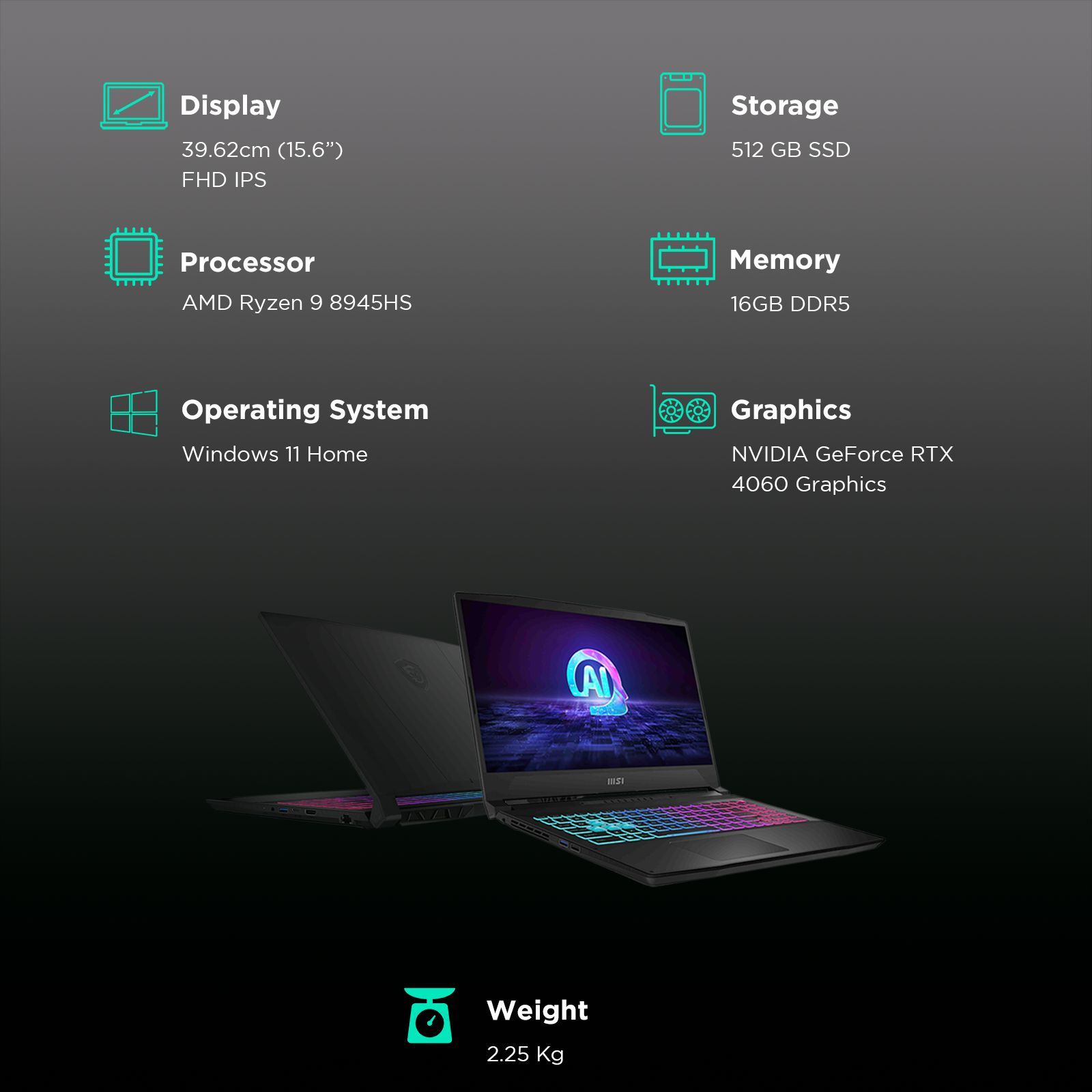 MSI Katana A15 AI B8VF-447IN AMD Ryzen 9 8945HS Gaming Laptop (16GB, 512GB SSD, Windows 11 Home, 8GB Graphics, 15.6 inch 144 Hz FHD Display, NVIDIA GeForce RTX 4060, MS Office 2021, Black, 2.25 KG)_3