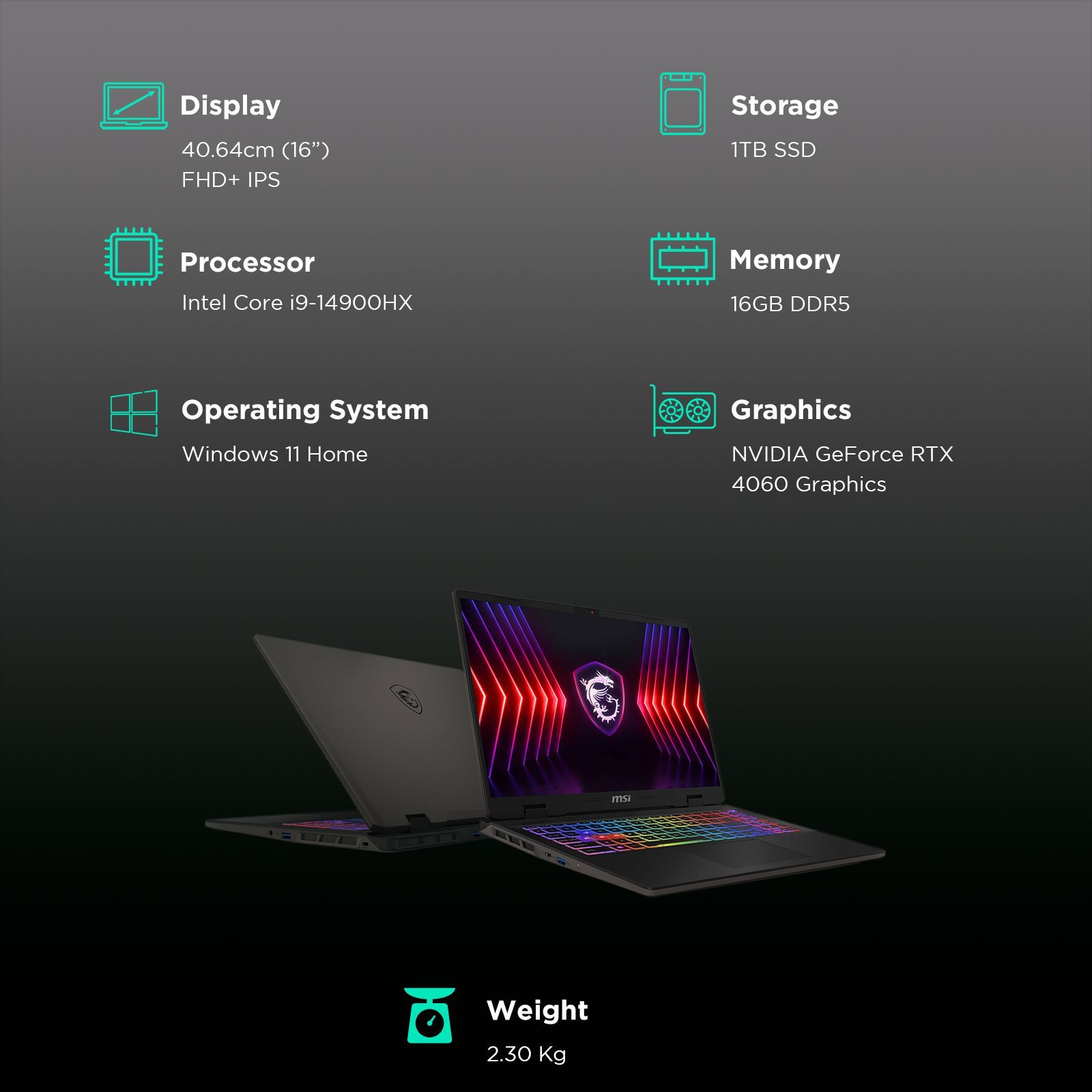 MSI Sword 16 HX B14VFKG-287IN Intel Core i9 14th Gen Gaming Laptop (16GB, 1TB SSD, Windows 11 Home, 8GB Graphics, 16 inch 144 Hz FHD PlusIPS-Level Display, NVIDIA GeForce RTX 4060, MS Office 2021, Cosmos Gray, 2.3 KG)_3