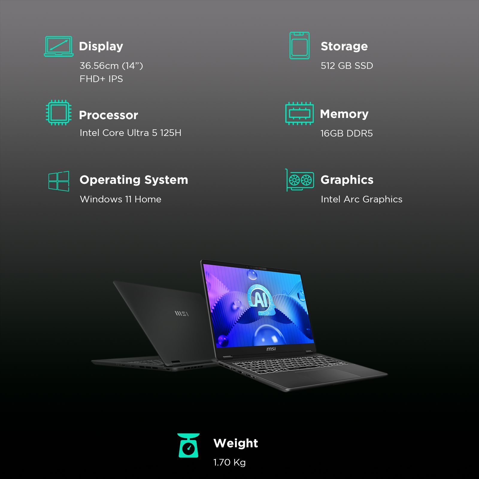 MSI Prestige 14 AI Evo C1MG 058IN Intel Core Ultra 5 Business Laptop (16GB, 512GB SSD, Windows 11 Home, 14 inch FHD Plus Display, MS Office 2021, Stellar Gray, 1.7 KG)_3