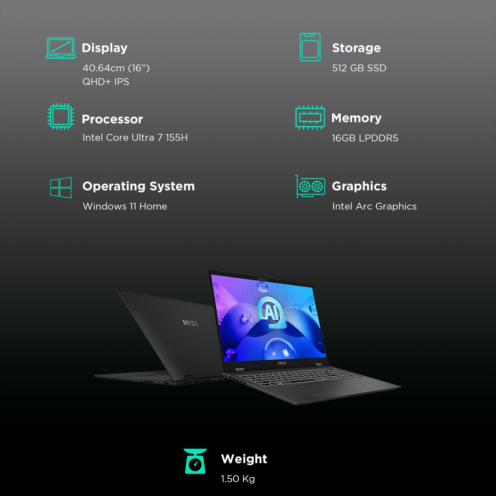 MSI Prestige 16 AI Evo B1MG 054IN Intel Core Ultra 7 Business Laptop (16GB, 512GB SSD, Windows 11 Home, 16 inch QHD Plus Display, MS Office 2021, Stellar Gray, 1.5 KG)_3