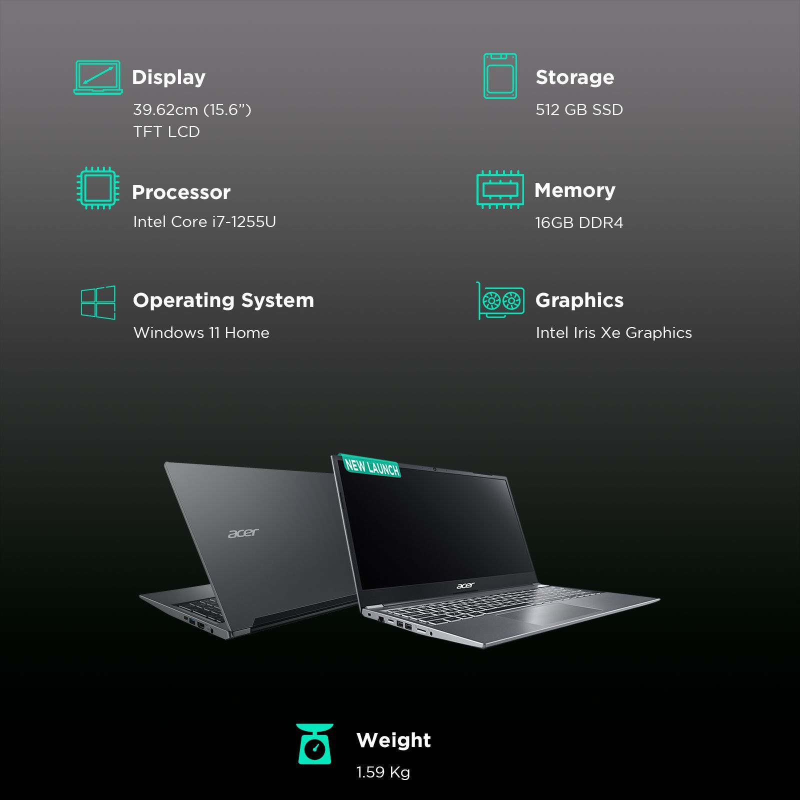 acer Aspire Lite Intel Core i7 12th Gen Thin & Light Laptop (16GB, 512GB SSD, Windows 11 Home, 15.6 inch Full HD IPS Display, Steel Gray, 1.59 KG)_3