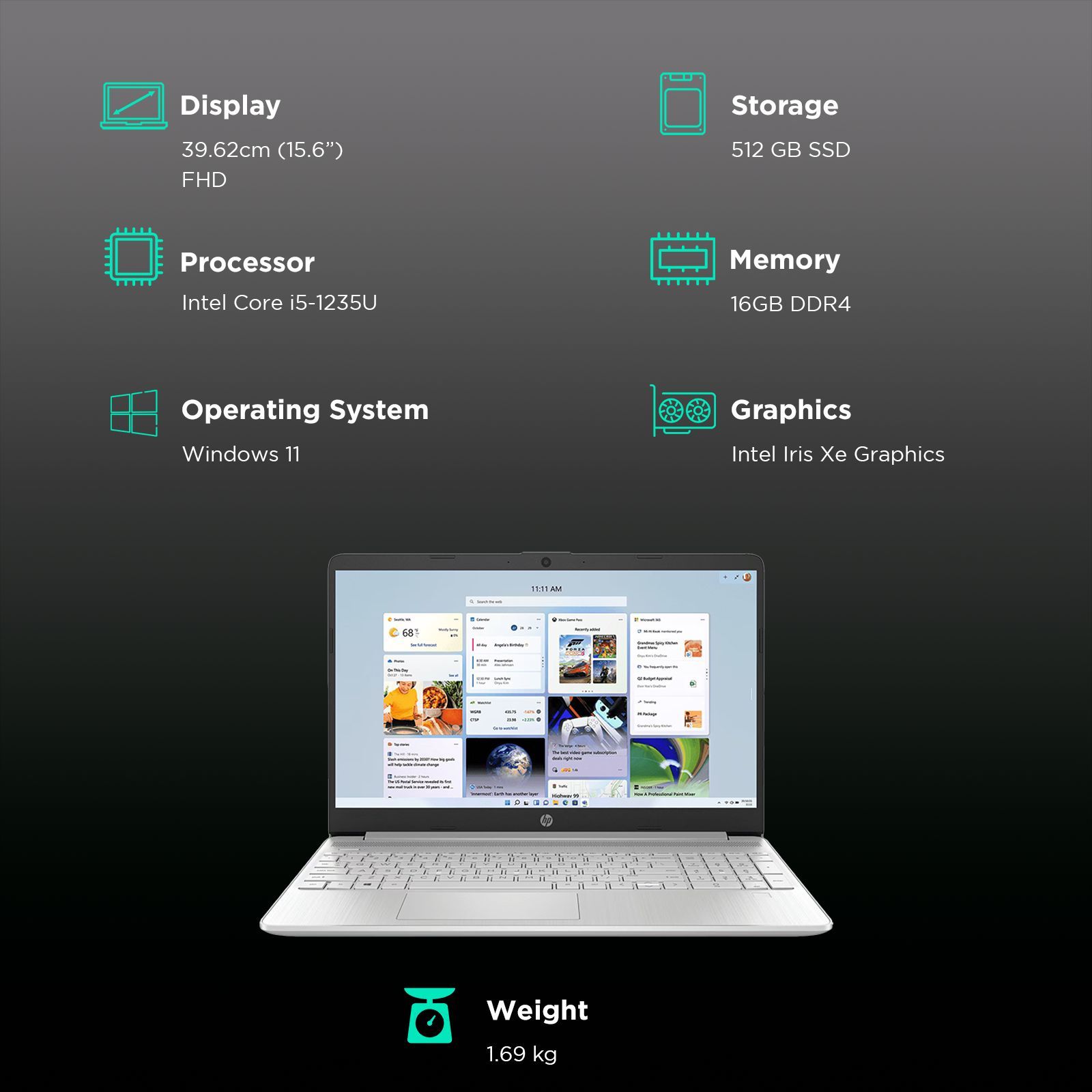 HP 15s fq5330TU Intel Core i5 12th Generation Thin & Light Laptop (16GB, 512GB SSD, Windows 11 Home, 15.6 inch Diagonal Full HD Display,  MS Office 2021, Natural Silver, 1.69 kg) _3