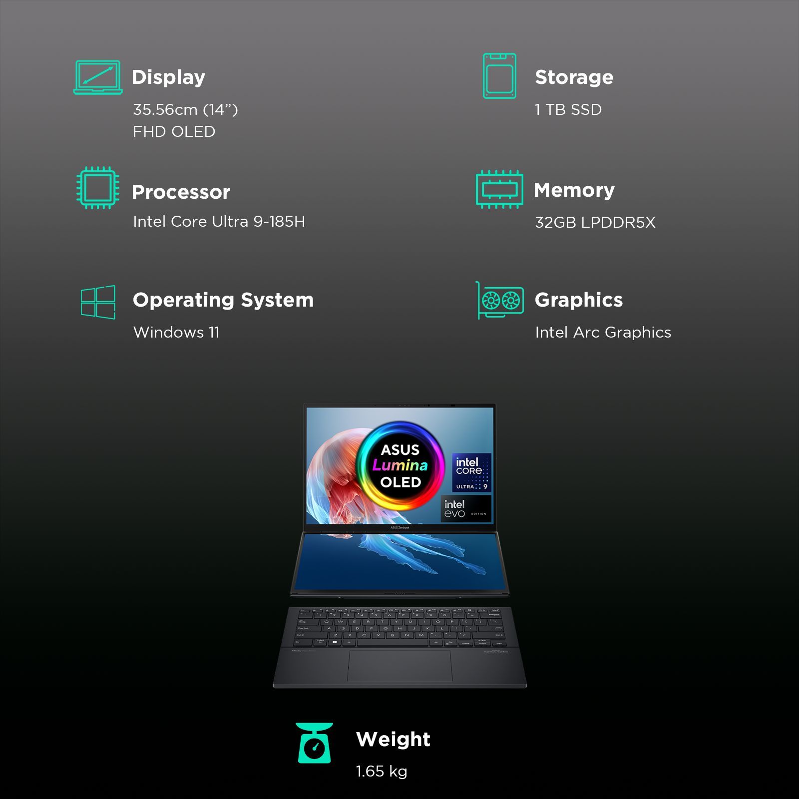 ASUS Zenbook Duo UX8406MA-QL961WS Intel Core Ultra 9 Touchscreen Thin & Light Laptop (32GB, 1TB SSD, Windows 11 Home, 14 inch Full HD OLED Display, MS Office Home & Student 2021, Inkwell Gray, 1.65 KG)_3