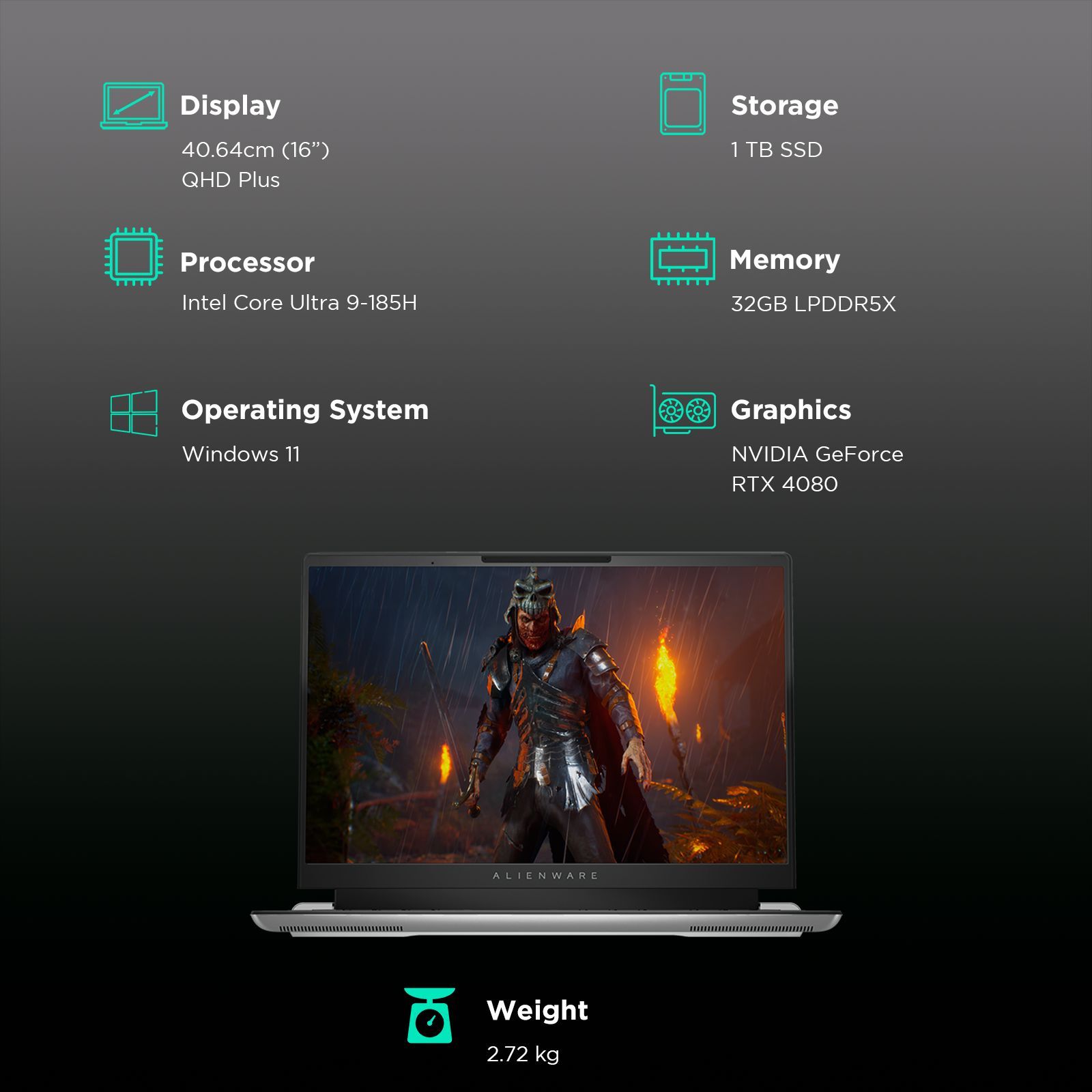 DELL Alienware x16 R2 Intel Core Ultra 9 Gaming Laptop (32GB, 1TB SSD, Windows 11 Home, 12GB Graphics, 16 inch 240 Hz QHD Plus Display, NVIDIA GeForce RTX 4080, MS Office Home & Student 2021, Lunar Light, 2.72 KG)_3