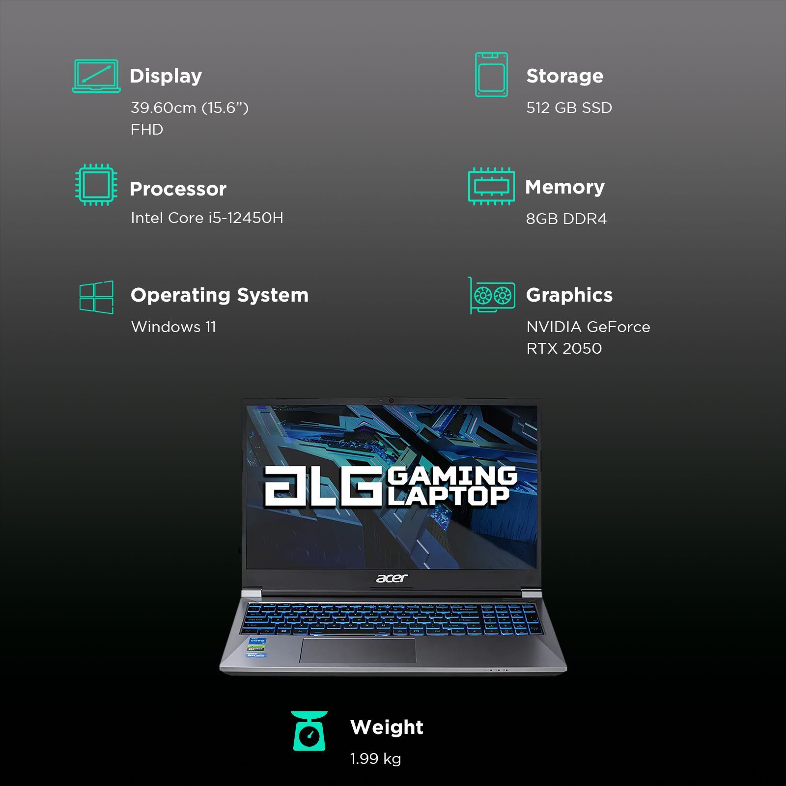 acer Aspire ALG AL15G-52 Intel Core i5 12th Gen Gaming Laptop (8GB, 512GB SSD, Windows 11 Home, 4GB Graphics, 15.6 inch 60 Hz Full HD Display, NVIDIA GeForce RTX 2050, MS Office 2021, Steel Gray, 1.99 KG)_3