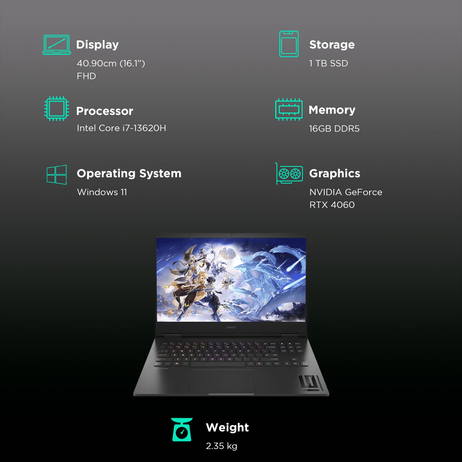 HP Omen 16 wd0012TX Intel Core i7 13th Gen Gaming Laptop (16GB, 1TB SSD, Windows 11 Home, 8GB Graphics, 16.1 inch 144 Hz FHD Display, NVIDIA GeForce RTX 4060, MS Office 2021, Shadow Black, 2.35 KG)_3