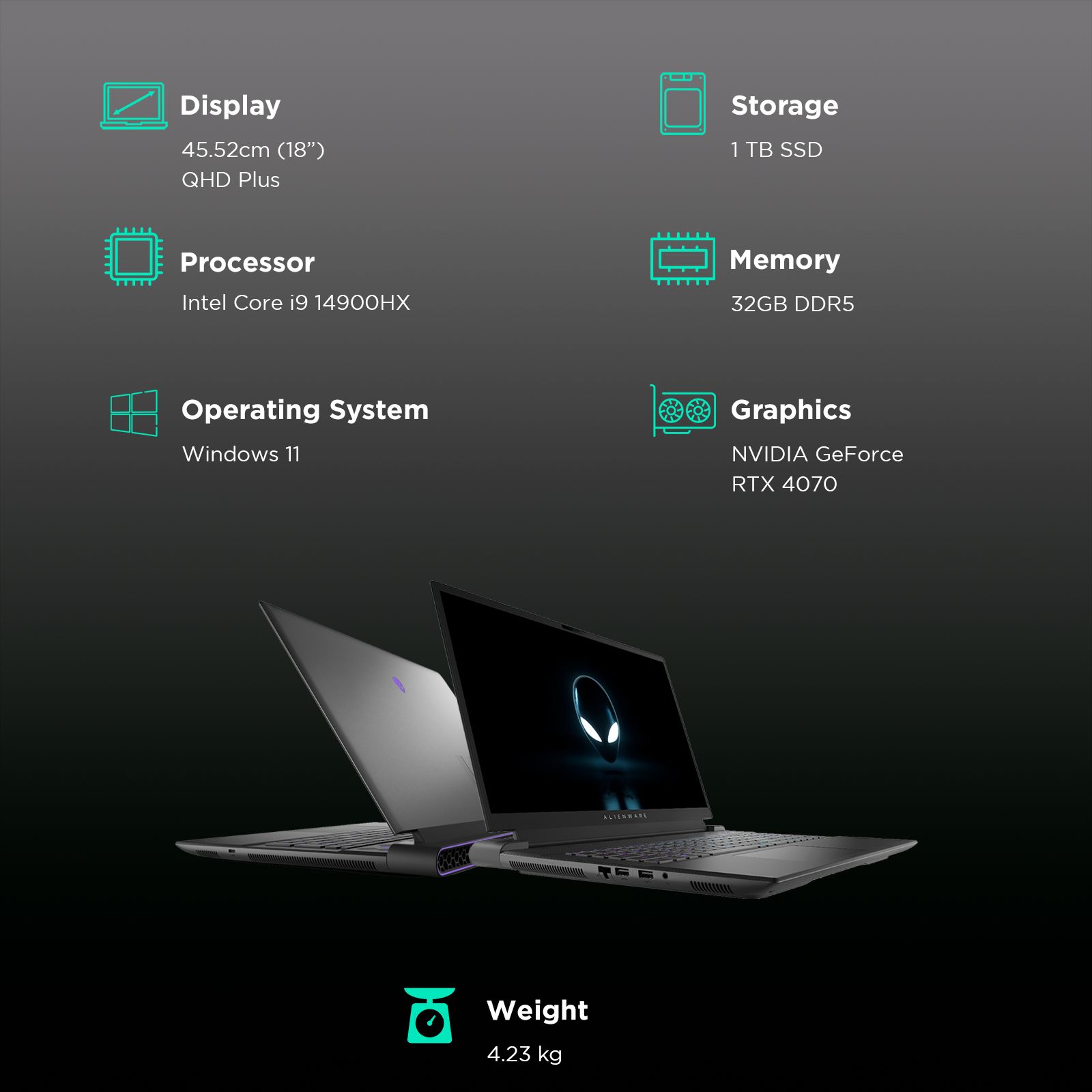 DELL Alienware m18 R2 Intel Core i9 14th Gen Gaming Laptop (32GB, 1TB SSD, Windows 11 Home, 8GB Graphics, 18 inch 165 Hz QHD Plus Display, NVIDIA GeForce RTX 4070, MS Office Home & Student 2021, Dark Metallic Moon, 4.23 KG)_3