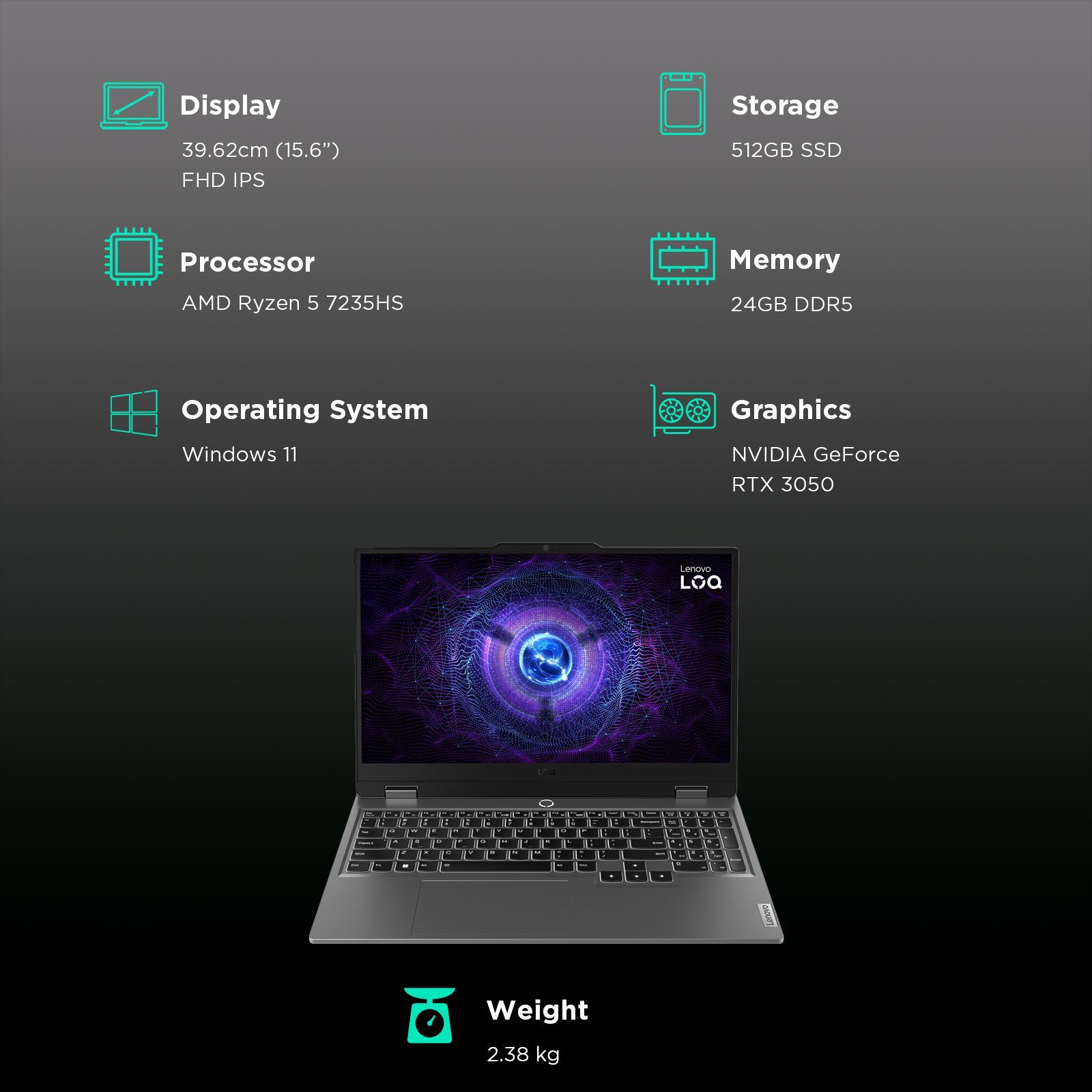 Lenovo LOQ 15ARP9 AMD Ryzen 5 Gaming Laptop (24GB, 512GB SSD, Windows 11 Home, 6GB Graphics, 15.6 inch 144 Hz Full HD IPS Display, NVIDIA GeForce RTX 3050, MS Office 2021, Luna Grey, 2.38 KG)_3