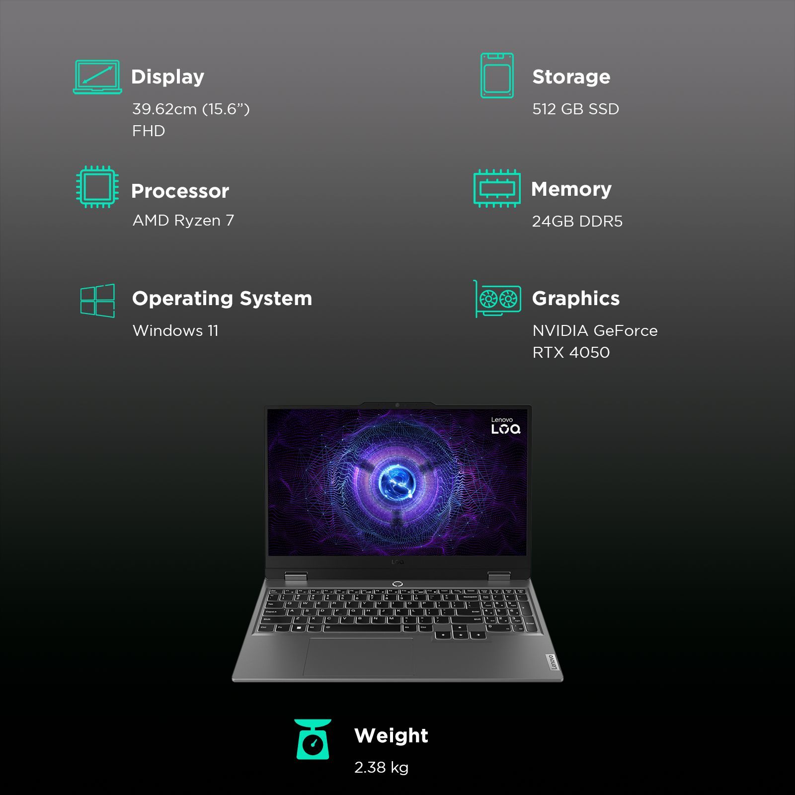 Lenovo LOQ 15ARP9 AMD Ryzen 7 Gaming Laptop (24GB, 512GB SSD, Windows 11 Home, 6GB Graphics, 15.6 inch 144 Hz Full HD IPS Display, NVIDIA GeForce RTX 4050, MS Office 2021, Luna Grey, 2.38 KG)_3