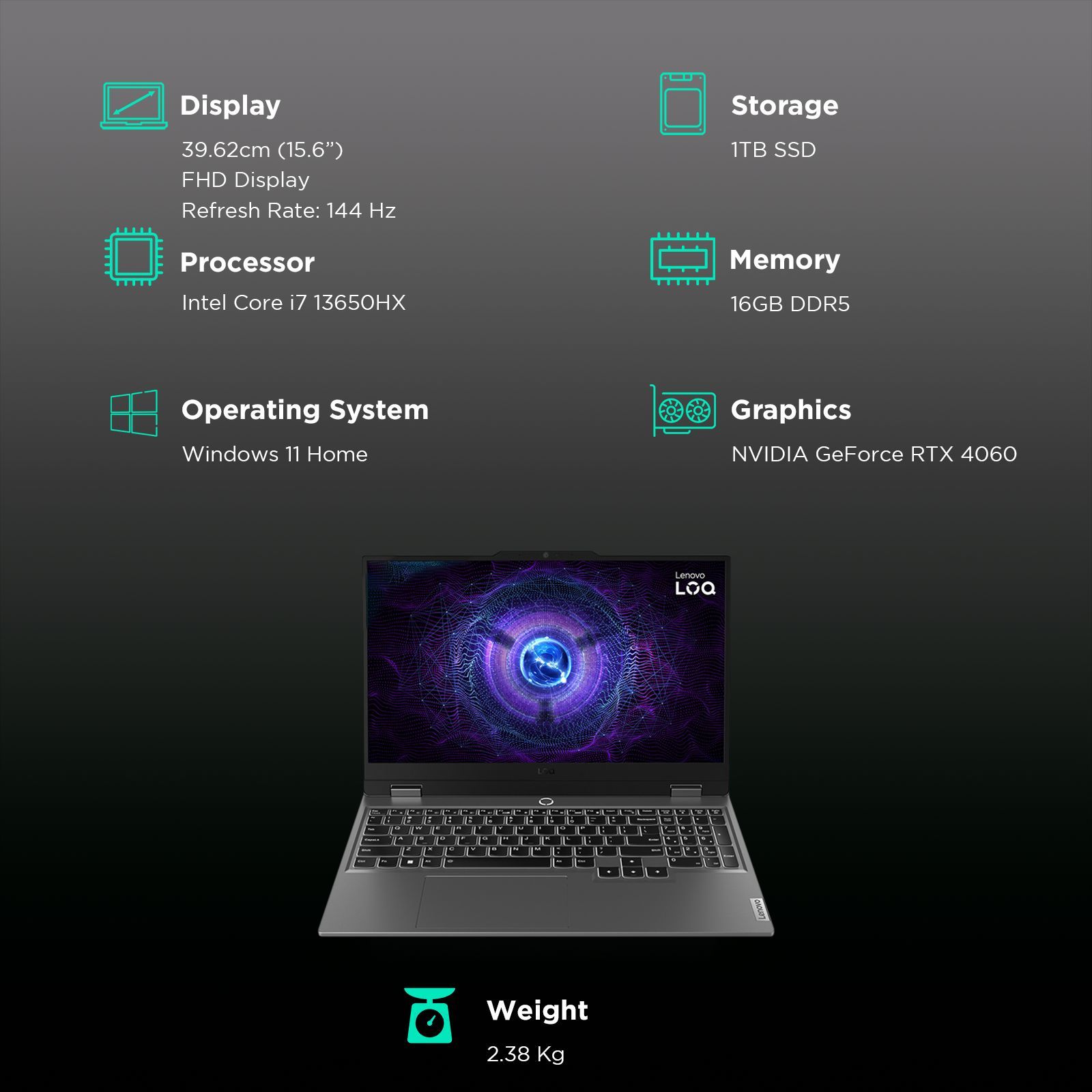 Lenovo LOQ 15IRX9 Intel Core i7 13th Gen Gaming Laptop (16GB, 1TB SSD, Windows 11 Home, 8GB Graphics, 15.6 inch 144 Hz Full HD IPS Display, NVIDIA GeForce RTX 4060, MS Office 2021, Luna Grey, 2.38 KG)_3