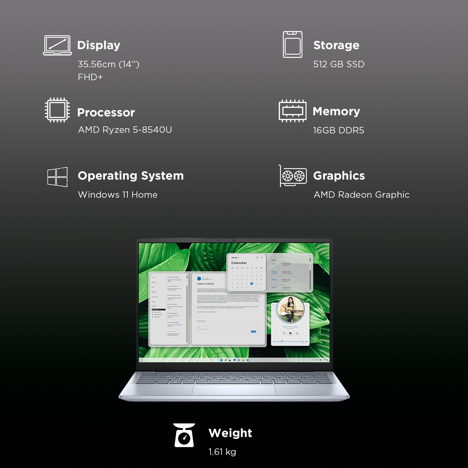 DELL Inspiron 5445 AMD Ryzen 5 8540U 8th Gen Thin & Light Laptop (16GB, 512GB SSD, Windows 11 Home, 14 inch FHD Plus Display, MS Office 2021, Ice Blue, 1.61 KG)_3