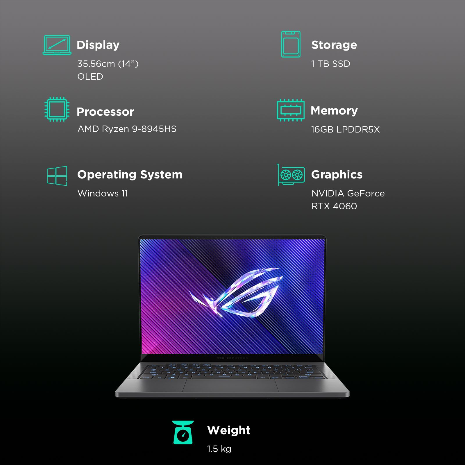 ASUS ROG Zephyrus G14 GA403UV-QS085WS AMD Ryzen 9 8945HS Gaming Laptop (16GB, 1TB SSD, Windows 11 Home, 8GB Graphics, 14 inch 120 Hz 3K OLED Display, NVIDIA GeForce RTX 4060, MS Office Home and Student, Eclipse Gray, 1.5 KG)_3