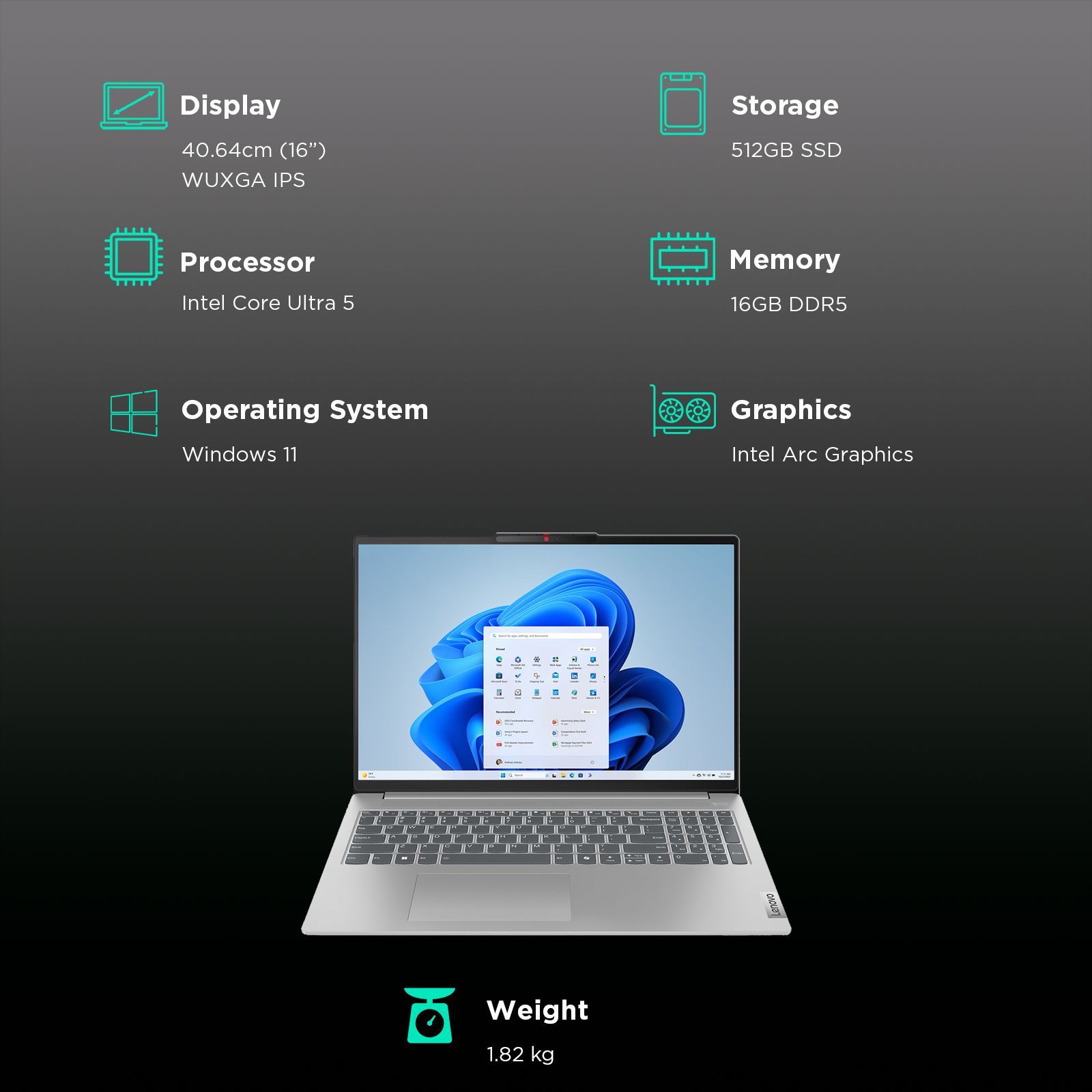 Lenovo IdeaPad Slim 5 16IMH9 Intel Core Ultra 5 Thin & Light Laptop (16GB, 512GB SSD, Windows 11 Home, 16 inch WUXGA IPS Display, MS Office 2021, Cloud Grey, 1.82 KG)_3