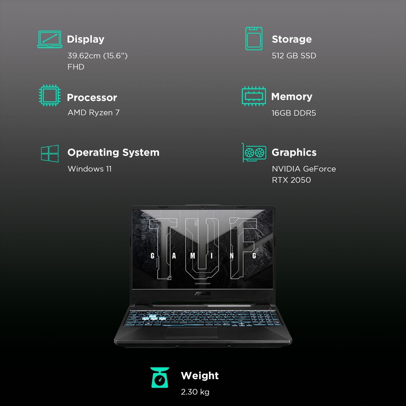 ASUS TUF Gaming A15 FA506NFR-HN259WS AMD Ryzen 7 Gaming Laptop (16GB, 512GB SSD, Windows 11 Home, 4GB Graphics, 15.6 inch 144 Hz Full HD IPS Display, NVIDIA GeForce RTX 2050, MS Office Home and Student, Graphite Black, 2.3 KG)_3