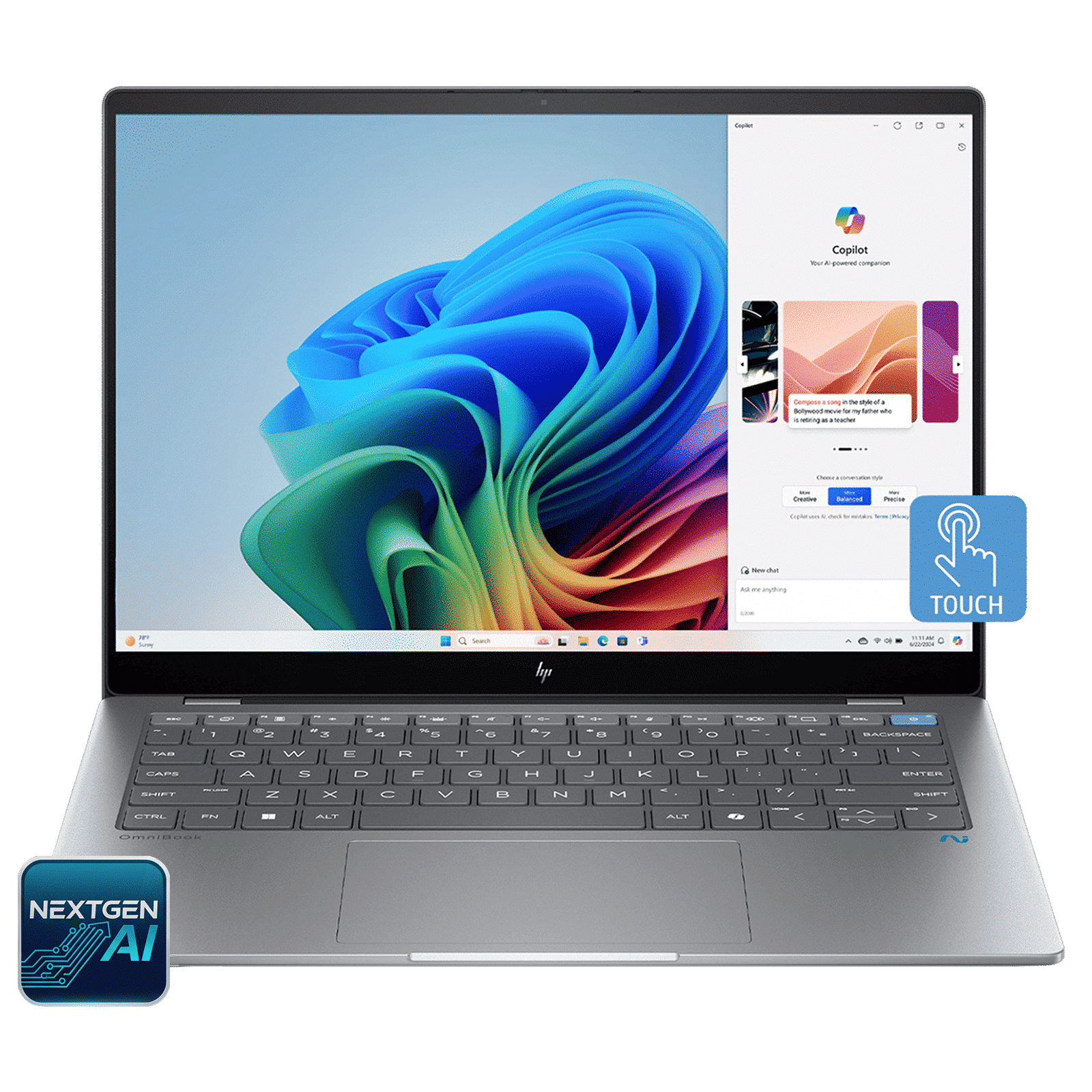 HP OmniBook X 14-fe0121QU Snapdragon X Elite Touchscreen Thin & Light Laptop (16GB, 1TB SSD, Next-Gen Windows, 14 inch 2.2K IPS Display, MS Office 2021, Meteor Silver, 1.34 KG)_1