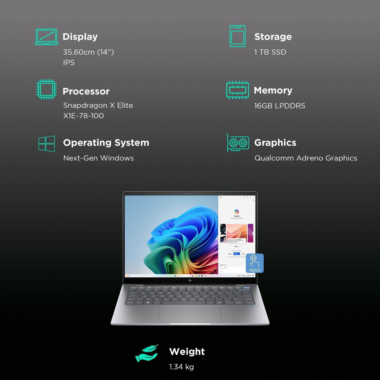 HP OmniBook X 14-fe0121QU Snapdragon X Elite Touchscreen Thin & Light Laptop (16GB, 1TB SSD, Next-Gen Windows, 14 inch 2.2K IPS Display, MS Office 2021, Meteor Silver, 1.34 KG)_3