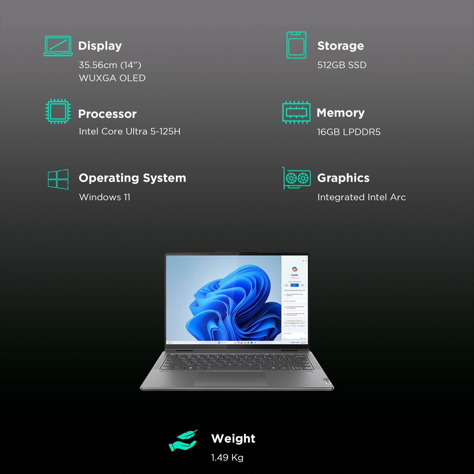 Lenovo Yoga 7 14IML9 Intel Core Ultra 5 Touchscreen 2-in-1 Laptop (16GB, 512GB SSD, Windows 11 Home, 14 inch WUXGA OLED Display, MS Office 2021, Storm Grey, 1.49 KG)_3