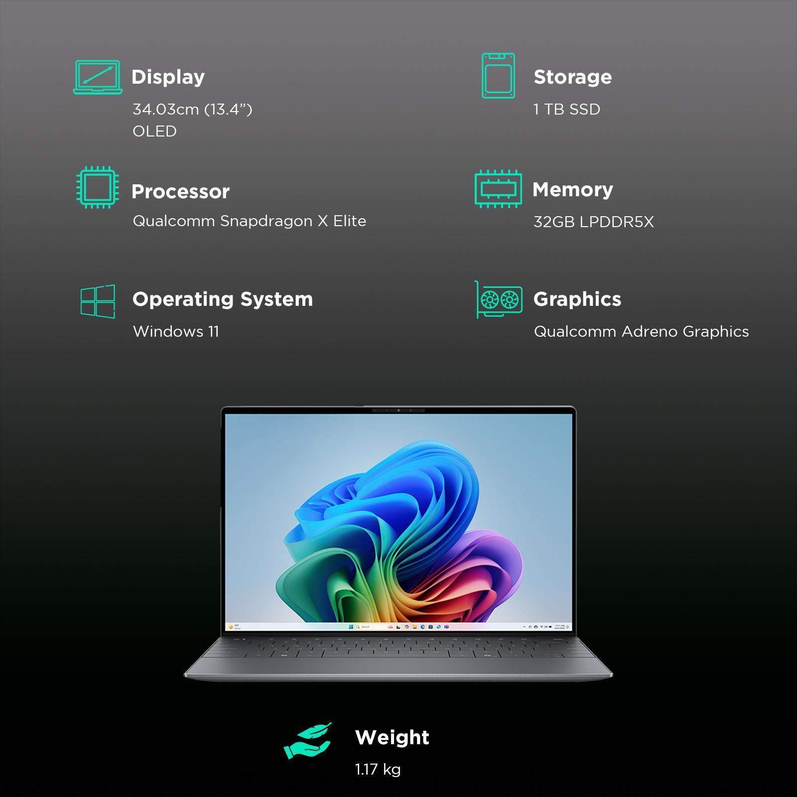 Dell XPS 13 Snapdragon X Elite Touchscreen Thin & Light Laptop (32GB, 1TB SSD, Windows 11 Home, 13.4 inch 3K OLED Display, MS Office Home & Student 2021, Graphite, 1.17 KG) Dell XPS 13 Snapdragon X Elite Touchscreen Thin & Light Laptop (32GB, 1TB SSD, Windows 11 Home, 13.4 inch 3K OLED Display, MS Office Home & Student 2021, Graphite, 1.17 KG)_3