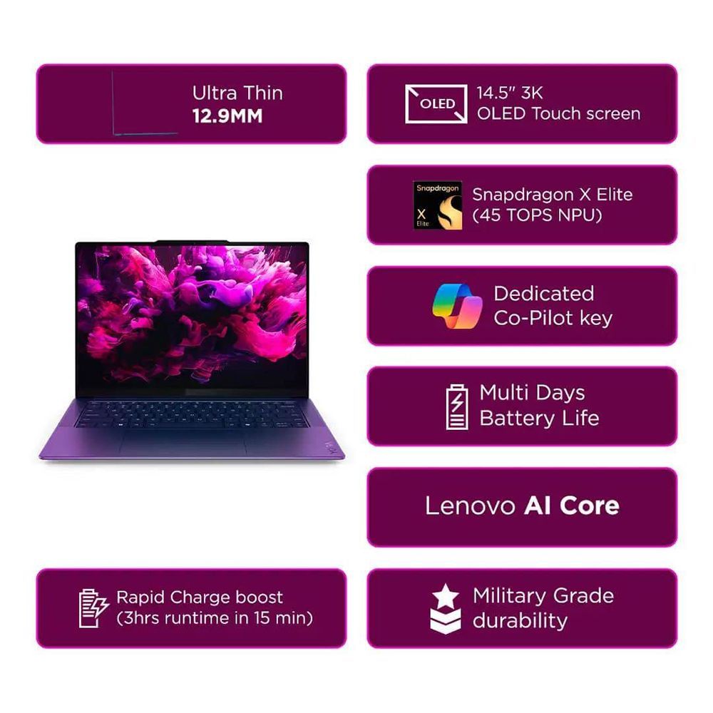 Lenovo Yoga Slim 7x Snapdragon X Elite X1E 9th Gen Touchscreen Thin & Light Laptop (32GB, 1TB SSD, Windows 11 Home, 14.5 inch OLED Display, MS Office 2021, Cosmic Blue, 1.28 KG)_14