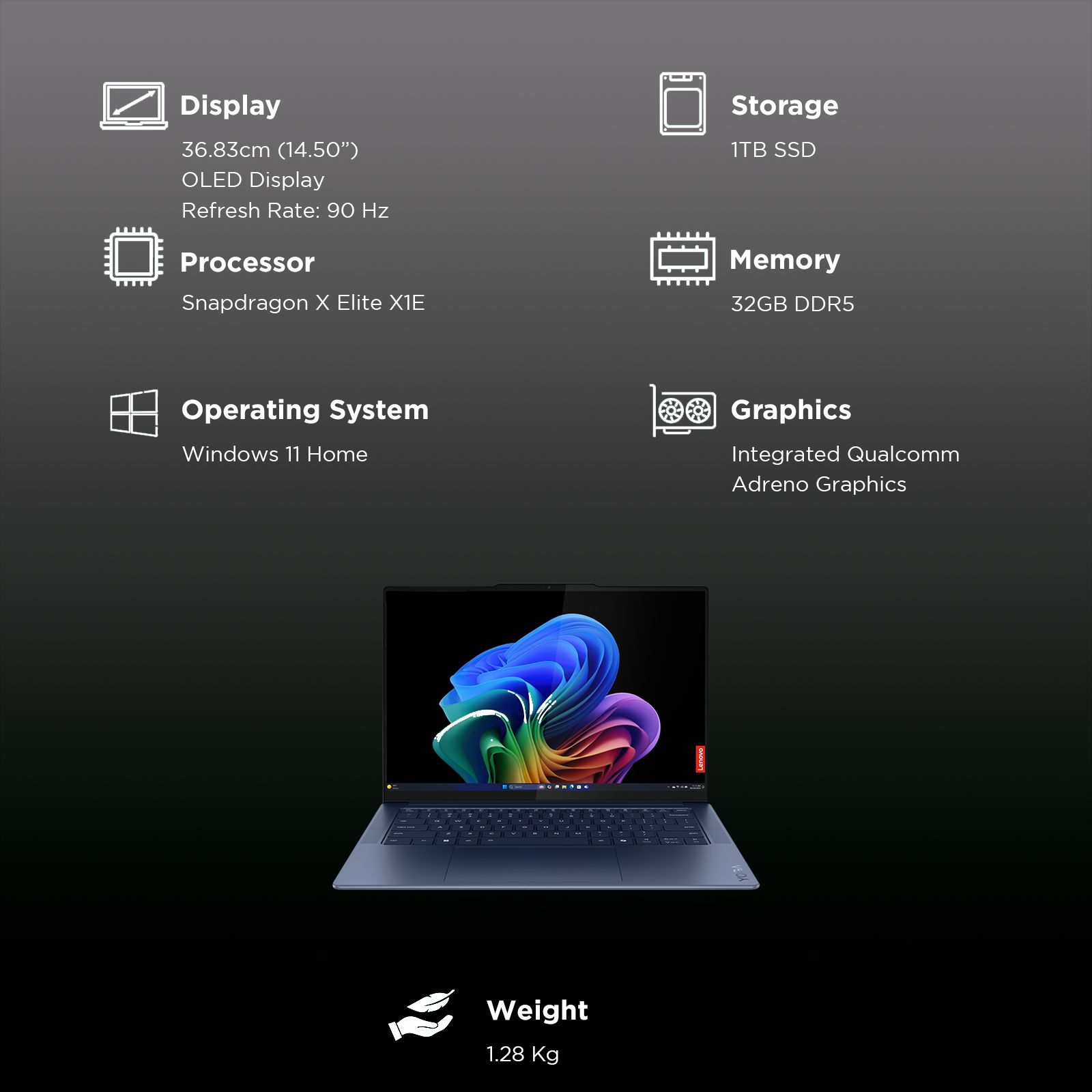Lenovo Yoga Slim 7x Snapdragon X Elite X1E 9th Gen Touchscreen Thin & Light Laptop (32GB, 1TB SSD, Windows 11 Home, 14.5 inch OLED Display, MS Office 2021, Cosmic Blue, 1.28 KG)_3