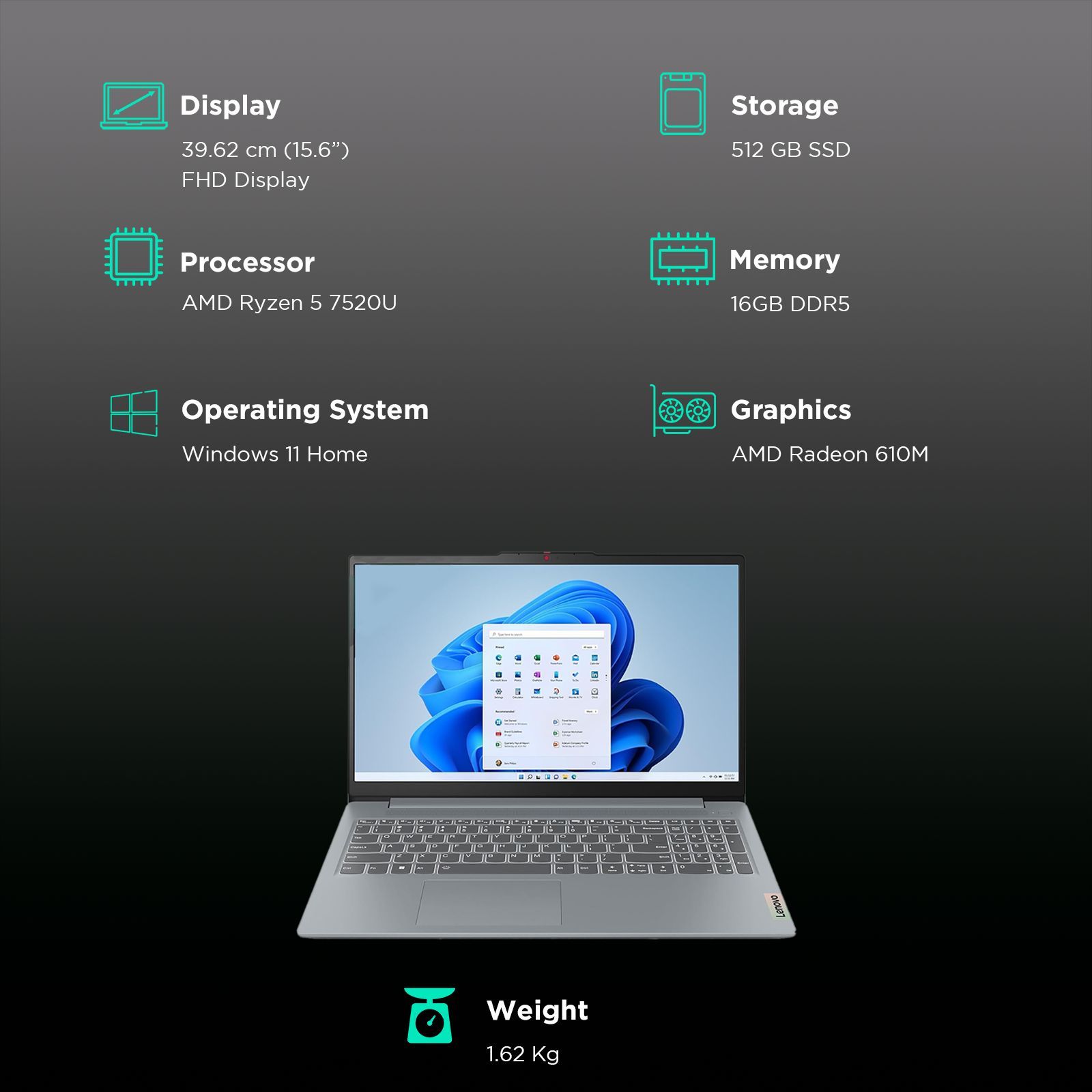 Lenovo IdeaPad Slim 3 AMD Ryzen 5 Thin & Light Laptop (16GB, 512GB SSD, Windows 11 Home, 15.6 inch Full HD Display, MS Office 2021, Arctic Grey, 1.62 KG)_3