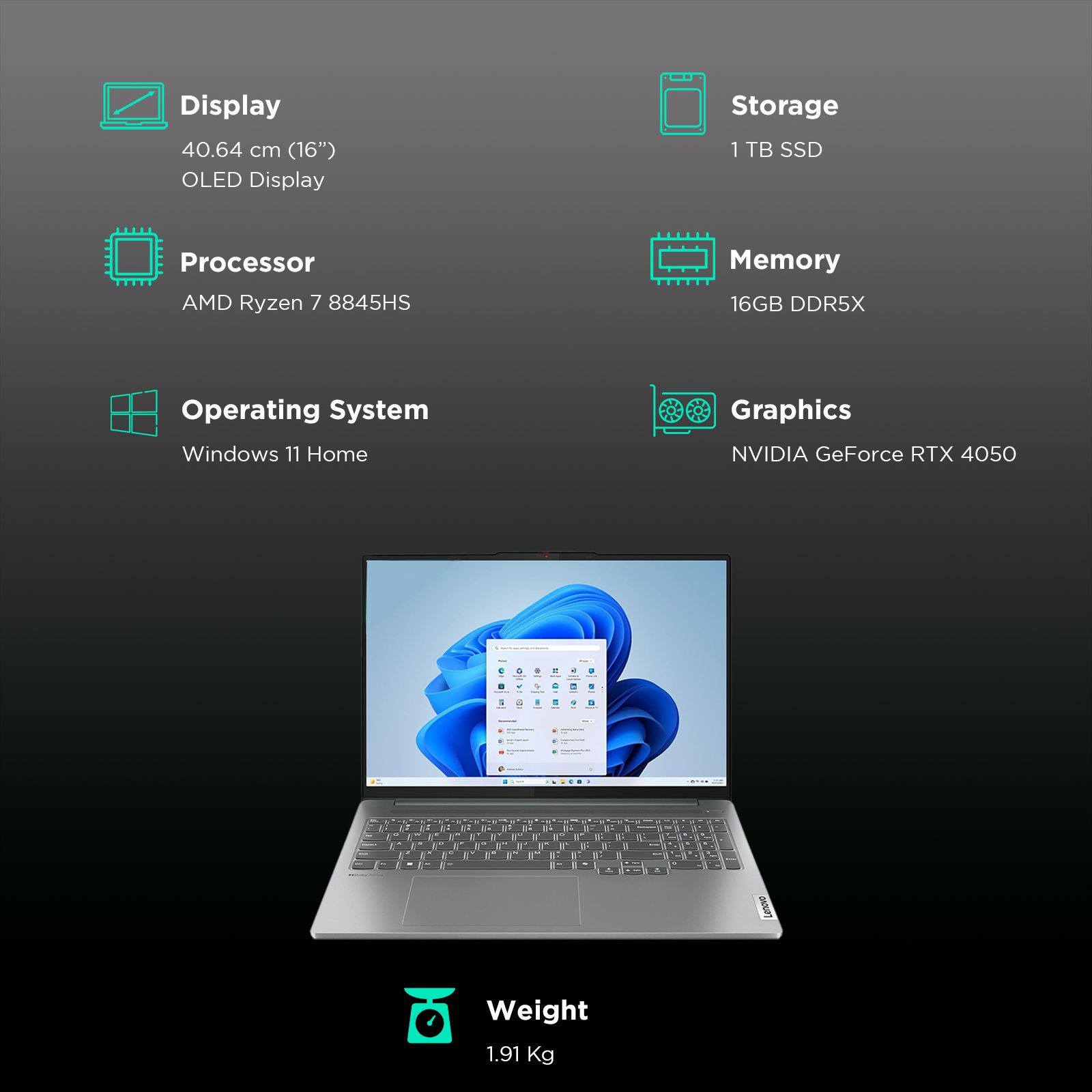 Lenovo IdeaPad Pro 5 16AHP9 AMD Ryzen 7 Laptop (16GB, 1TB SSD, Windows 11 Home, 6GB Graphics, 16 inch OLED Display, MS Office 2021, Arctic Grey, 1.91 KG)_3