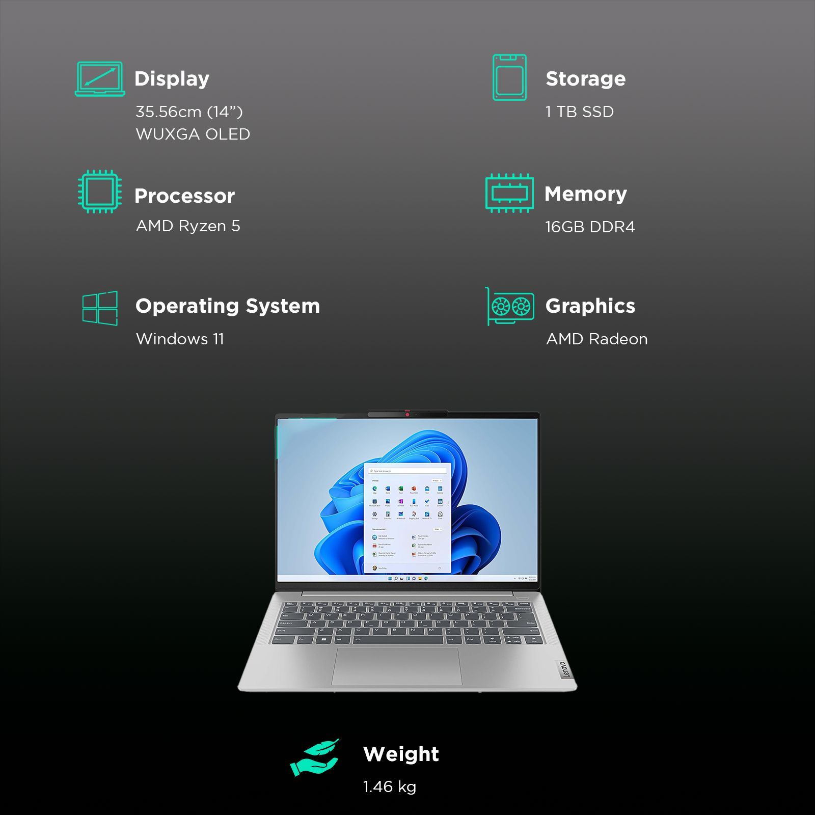 Lenovo IdeaPad Slim 5 14ABR8 AMD Ryzen 5 Thin & Light Laptop (16GB, 1TB SSD, Windows 11 Home, 14 inch WUXGA OLED Display, MS Office 2021, Cloud Grey, 1.46 KG)_3