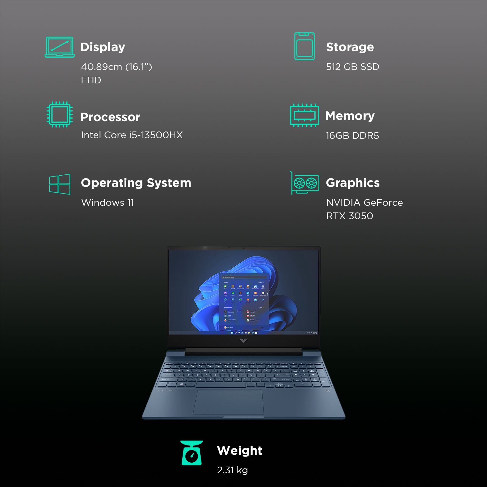 HP Victus 16-R0327TX Intel Core i5 13th Gen Gaming Laptop (16GB, 512 GB SSD, Windows 11 Home, 6GB Graphics, 16.1 inch 144 Hz Full HD IPS Display, NVIDIA GeForce RTX 3050, MS Office Home & Student 2021, Performance Blue, 2.31 KG)_3