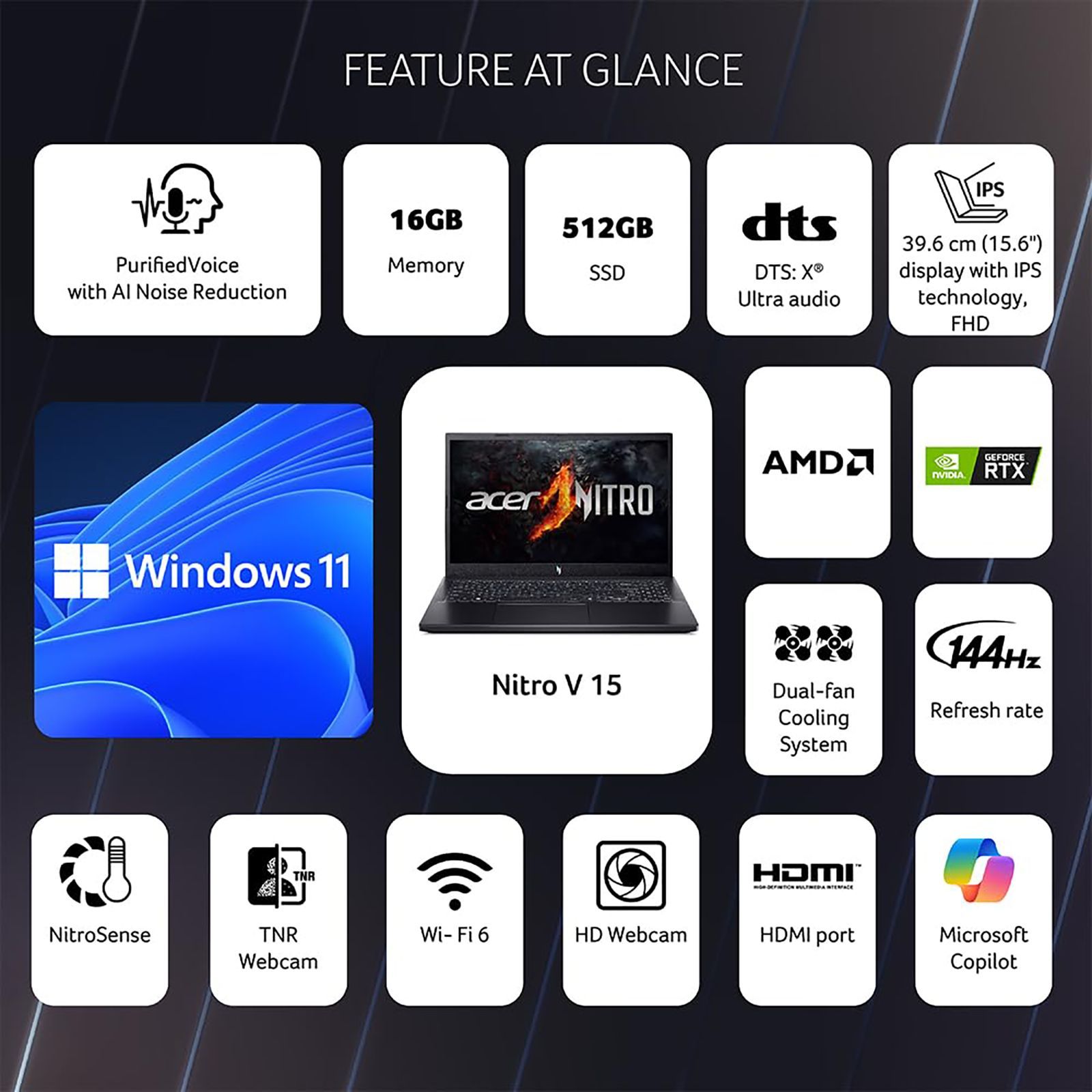 acer NITRO V ANV15-41 AMD Ryzen 7 Gaming Laptop (16GB, 512GB SSD, Windows 11 Home, 6GB Graphics, 15.6 inch 144 Hz Full HD Display, NVIDIA GeForce RTX 3050, Obsidian Black, 2.1 KG)_9