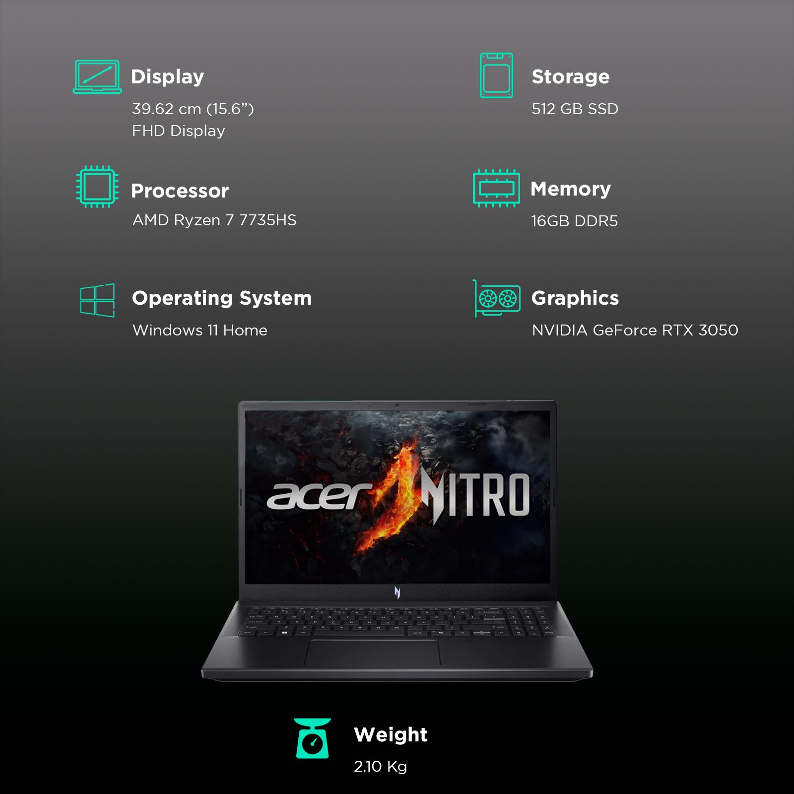 acer NITRO V ANV15-41 AMD Ryzen 7 Gaming Laptop (16GB, 512GB SSD, Windows 11 Home, 6GB Graphics, 15.6 inch 144 Hz Full HD Display, NVIDIA GeForce RTX 3050, Obsidian Black, 2.1 KG)_3