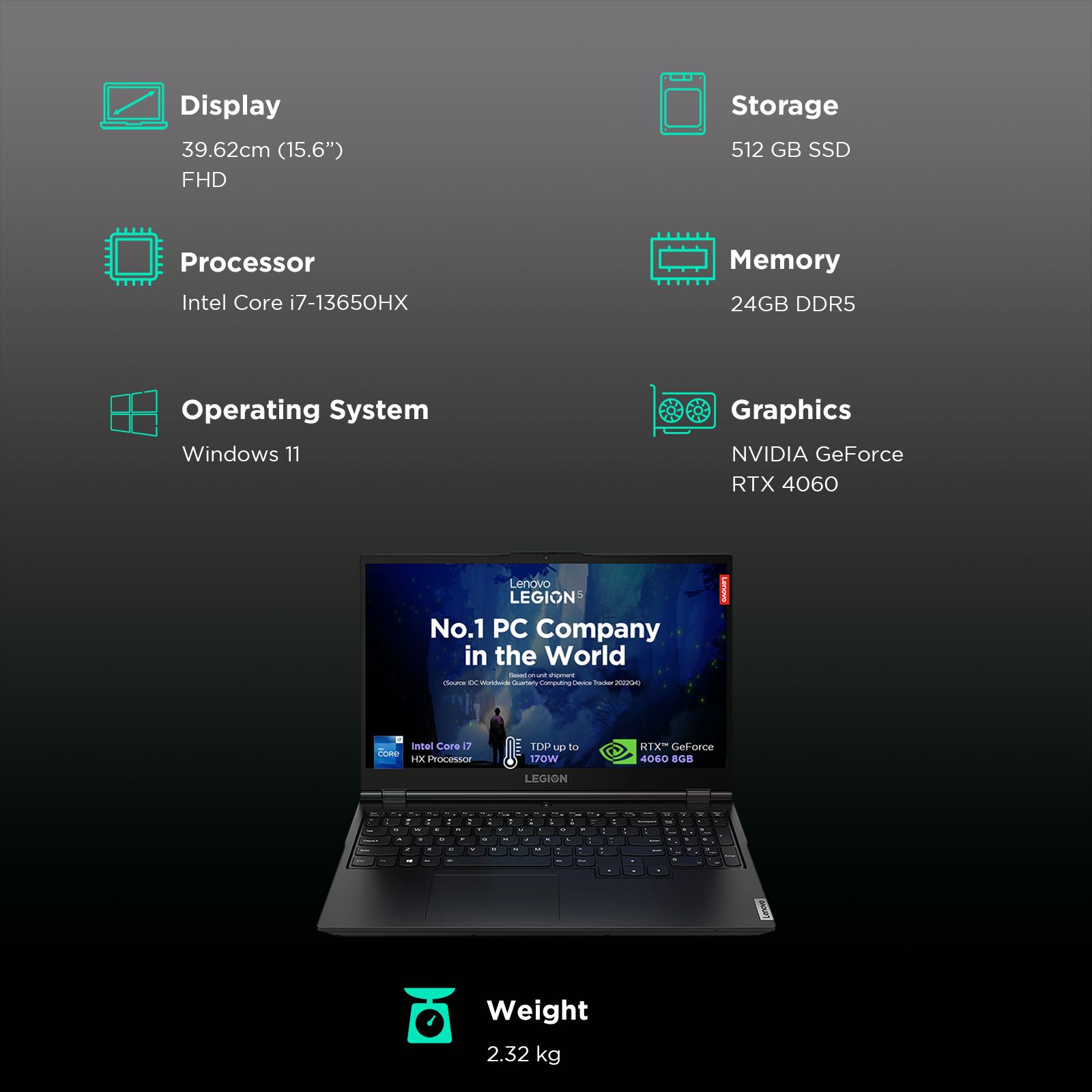 Lenovo Legion 5 15IRX9 Intel Core i7 13th Gen Gaming Laptop (24GB, 512GB SSD, Windows 11 Home, 8GB Graphics, 15.6 inch 144 Hz Full HD IPS Display, NVIDIA GeForce RTX 4060, MS Office Home & Student 2021, Storm Grey, 2.32 KG)_3