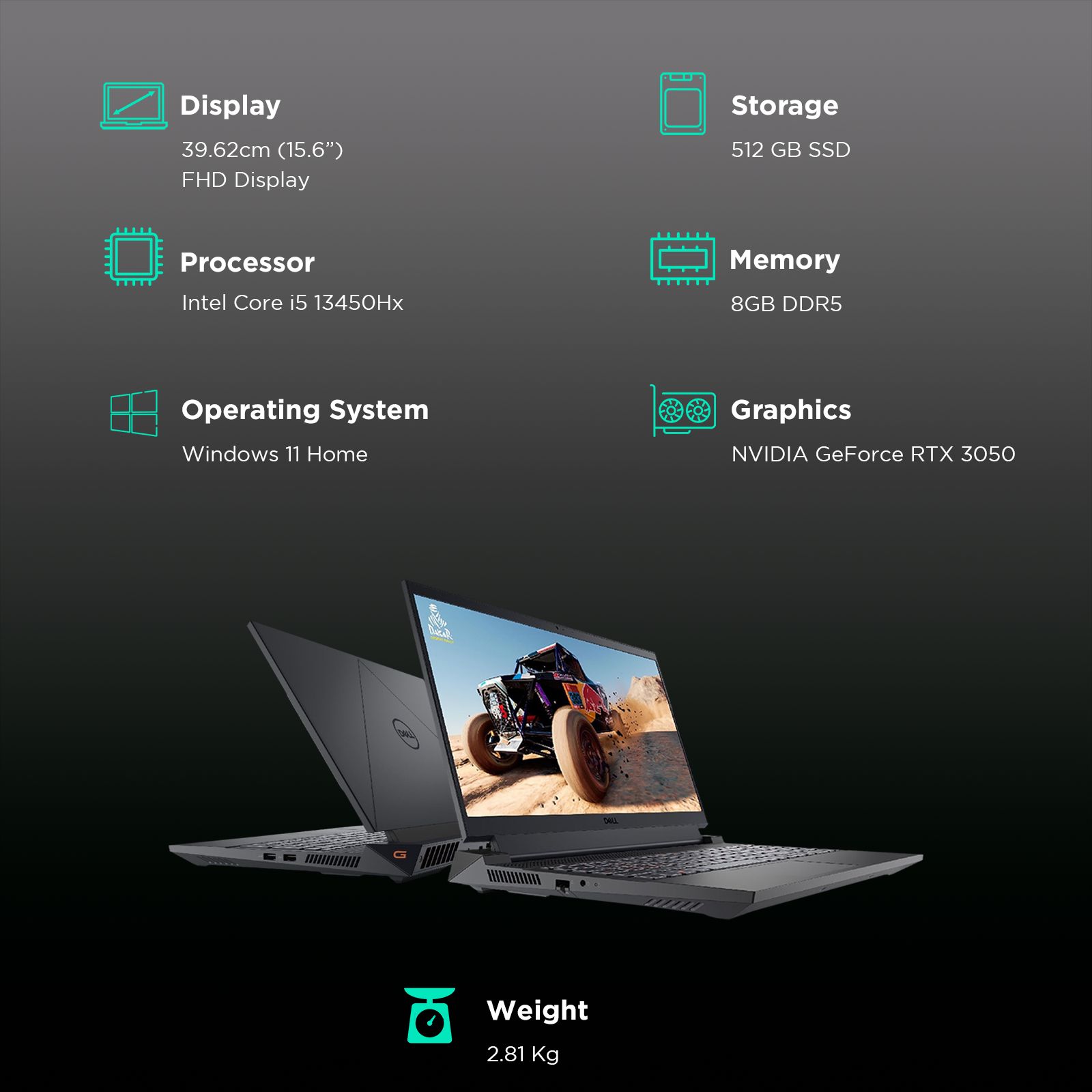 DELL G15 5530 Intel Core i5 13th Gen Gaming Laptop (8GB, 512GB SSD, Windows 11 Home, 6GB Graphics, 15.6 inch 120 Hz Full HD Display, NVIDIA GeForce RTX 3050, MS Office Home & Student 2021, Dark Shadow Gray, 2.81 KG)_3