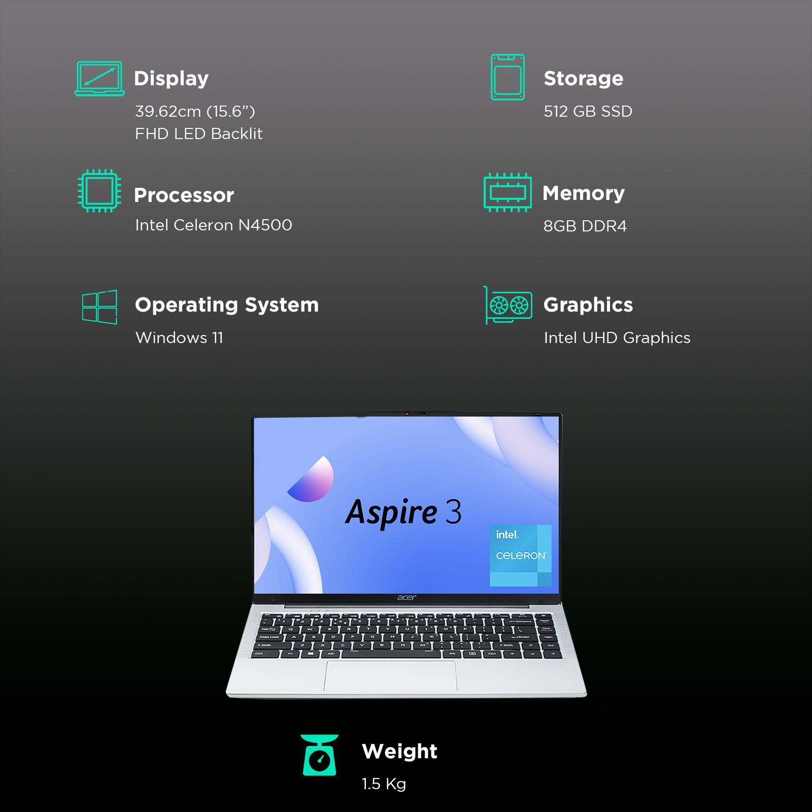 acer Aspire 3 A325-45 Intel Celeron N4500 Thin & Light Laptop (8GB, 512GB SSD, Windows 11 Home, 15.6 inch Full HD LED Backlit Display, Pure Silver, 1.5 KG)_3