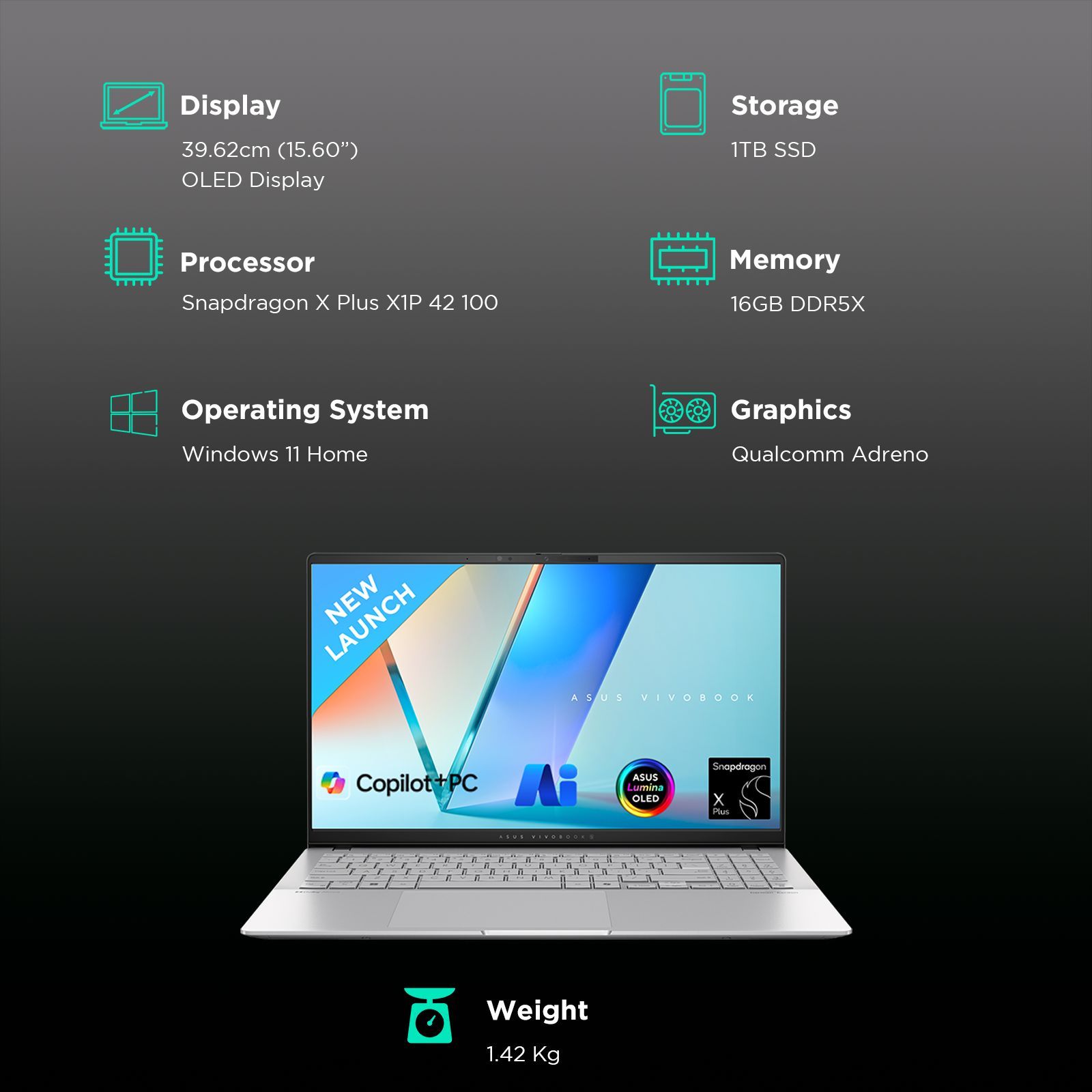 ASUS Vivobook S 15 S5507QA-MA551WS Snapdragon X Plus X1P 42 100 Thin & Light Laptop (16GB, 1TB SSD, Windows 11 Home, 15.6 inch OLED Display, MS Office 2021, Cool Silver, 1.42 KG)_3