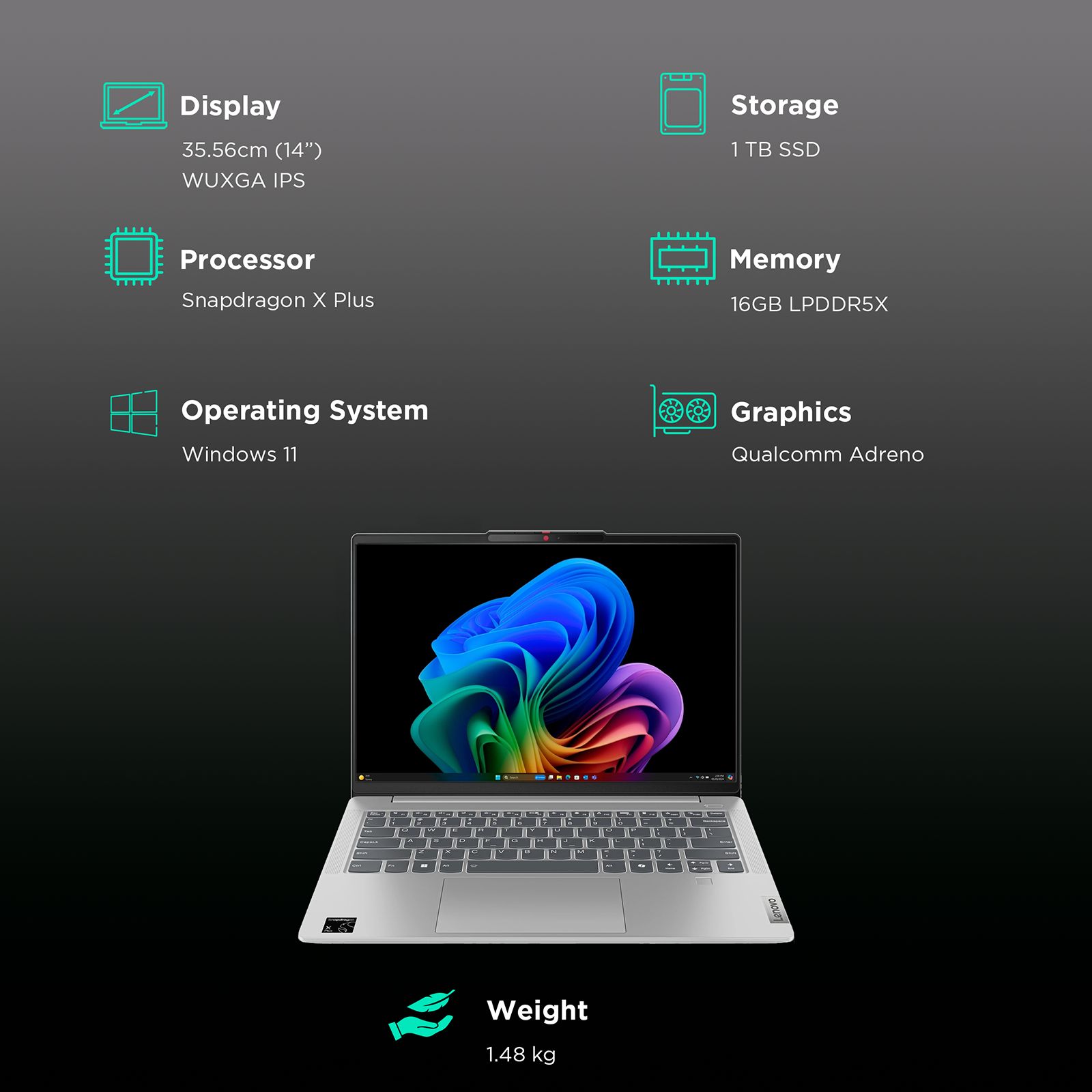 Lenovo Ideapad Slim 5x Snapdragon X Plus 9th Gen Thin & Light Laptop (16GB, 1TB SSD, Windows 11 Home, 14 inch WUXGA IPS Display, MS Office 2021, Cloud Grey, 1.48 KG)_3