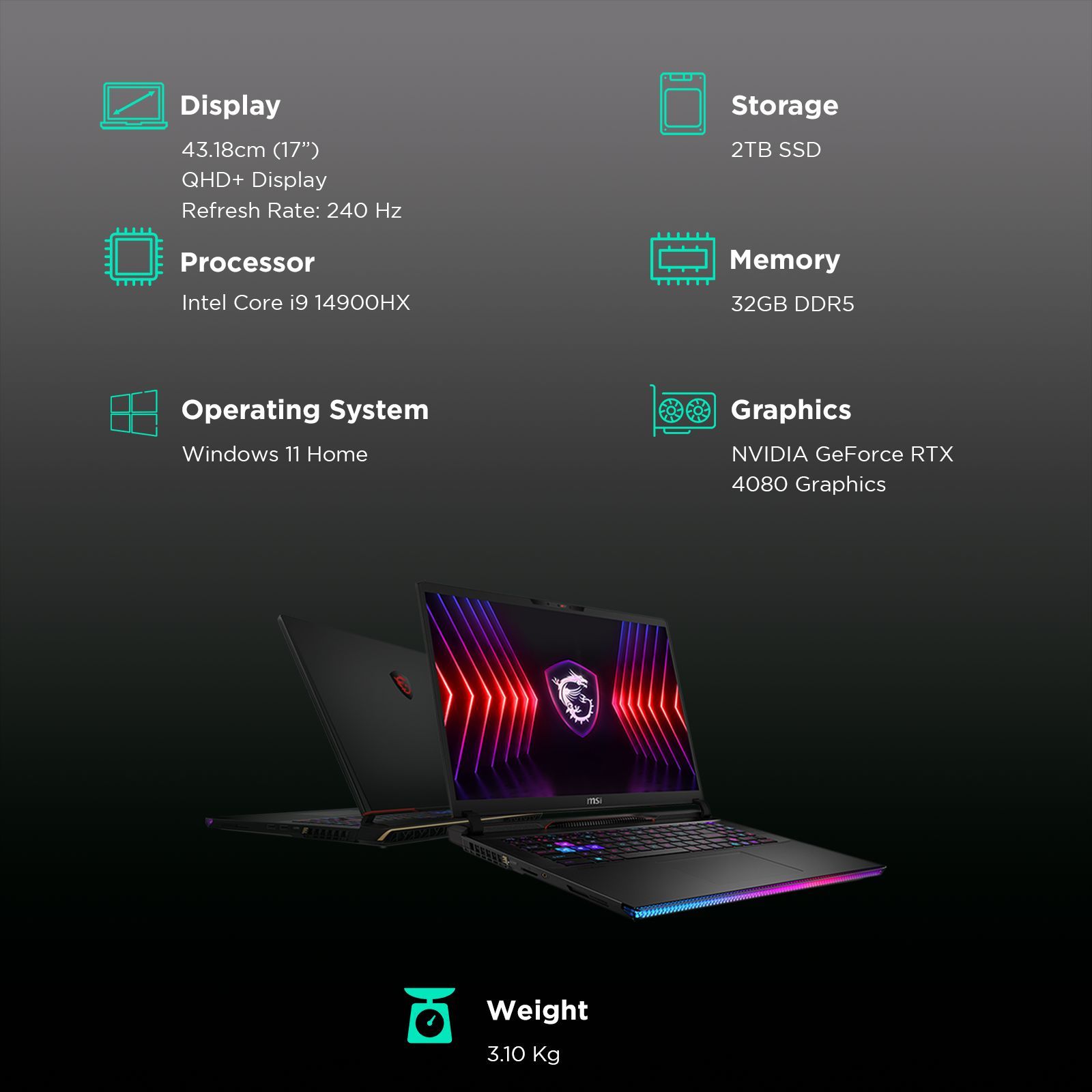 MSI Raider GE78 HX 14VHG Intel Core i9 Gaming Laptop (32GB, 2TB SSD, Windows 11 Home, 12GB Graphics, 17 inch 240 Hz QHD Plus IPS Level Display, NVIDIA GeForce RTX 4080, Black, 3.1 KG)_3