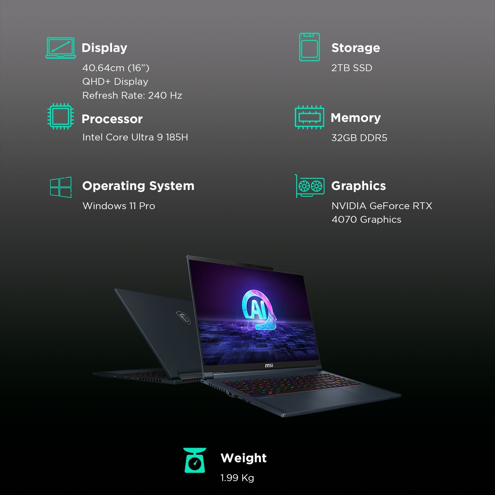 MSI Stealth 16 AI Studio A1VGG 057IN Intel Core Ultra 9 Gaming Laptop (32GB, 2TB SSD, Windows 11 Home, 8GB Graphics, 16 inch 240 Hz QHD Plus Display, NVIDIA GeForce RTX 4070, Star Blue, 1.99 KG)_3