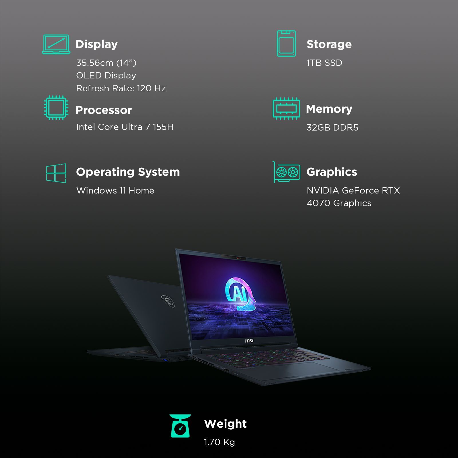 MSI Stealth 14 AI Studio A1VGG 054IN Intel Core Ultra 7 Gaming Laptop (32GB, 1TB SSD, Windows 11 Home, 8GB Graphics, 14 inch 120 Hz OLED Display, NVIDIA GeForce RTX 4070, Star Blue, 1.7 KG)_3