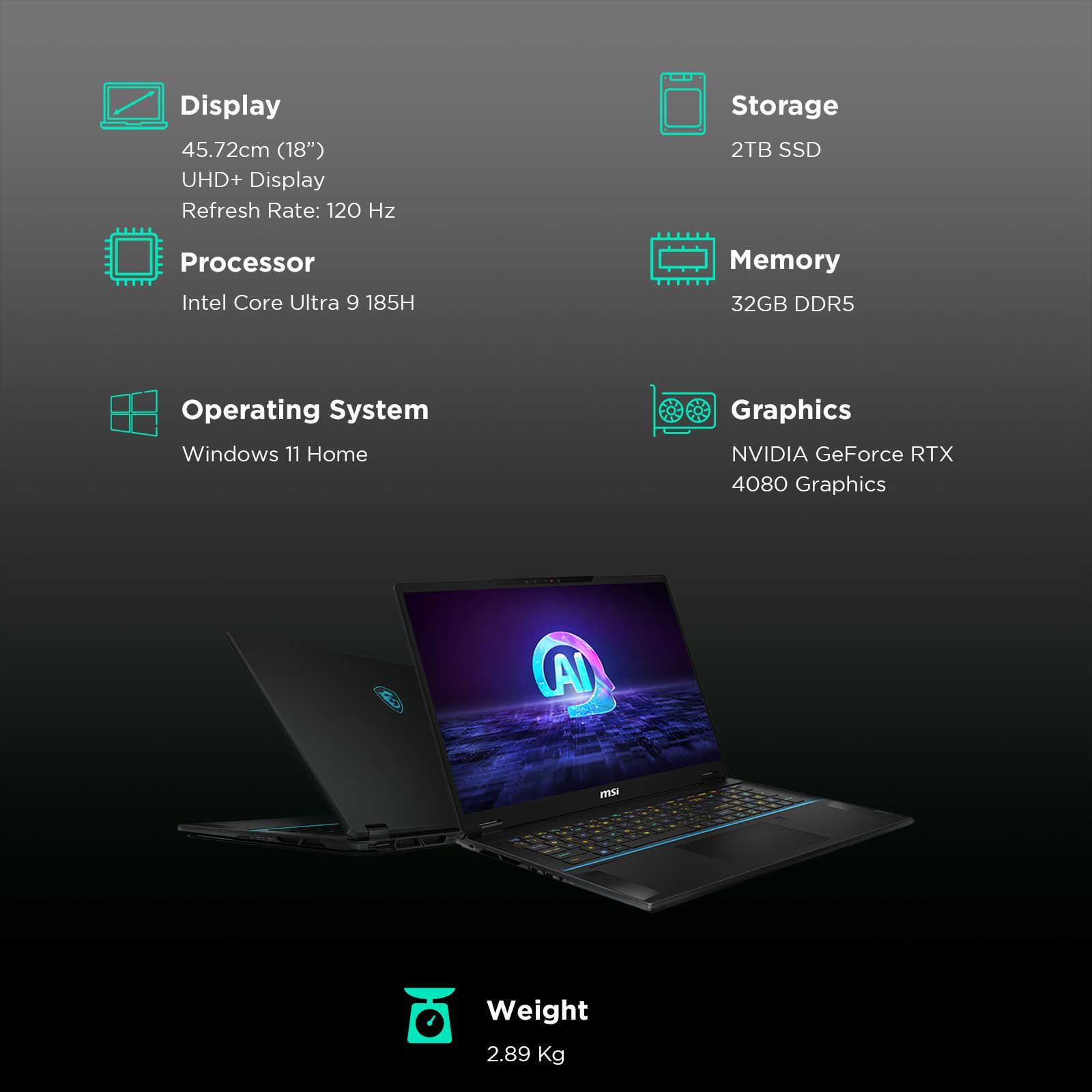 MSI Stealth 18 AI Studio A1VHG 023IN Intel Core Ultra 9 Gaming Laptop (32GB, 2TB SSD, Windows 11 Home, 12GB Graphics, 18 inch 120 Hz UHD Plus Display, NVIDIA GeForce RTX 4080, Midnight Black, 2.89 KG)_3