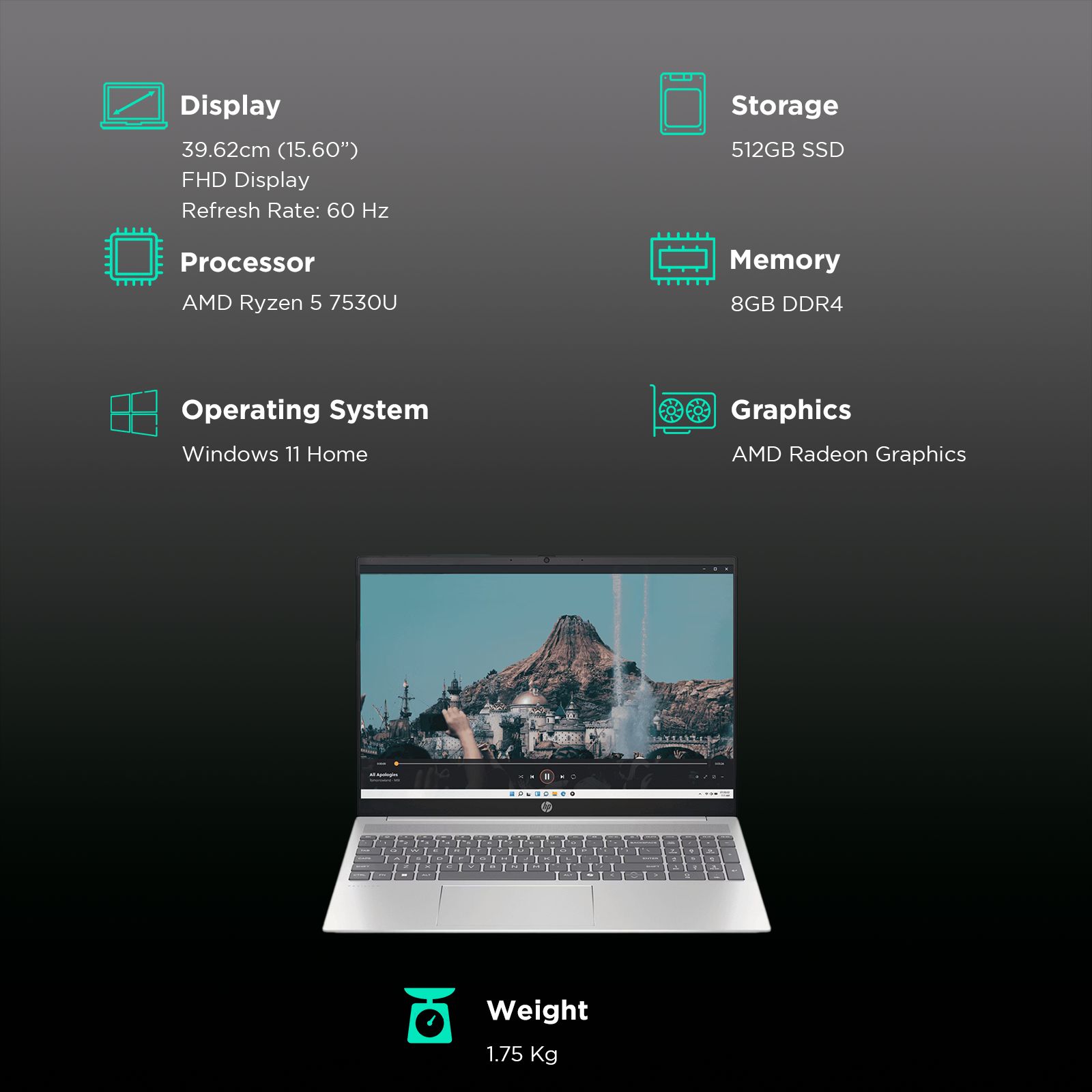 HP Pavilion 15 eh3036AU AMD Ryzen 5 7530U Thin & Light Laptop (8GB, 512GB SSD, Windows 11 Home, 15.6 inch Full HD Display, MS Office 2021, Natural Silver, 1.75 KG)_3