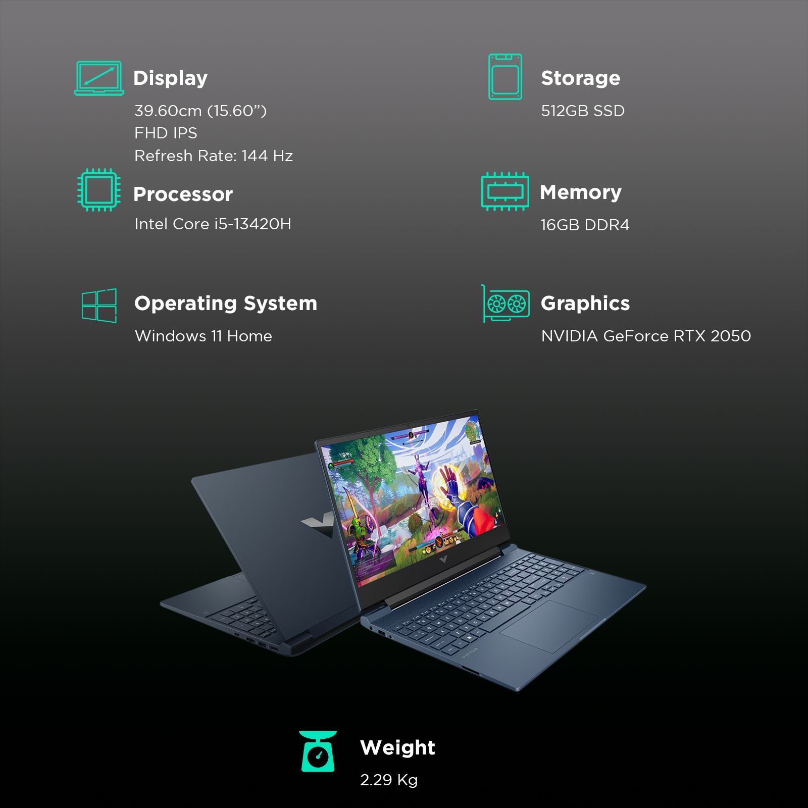 HP Victus Intel Core i5 13th Gen Gaming Laptop (16GB, 512GB SSD, Windows 11 Home, 4GB Graphics, 15.6 inch 144 Hz Full HD IPS Display, NVIDIA GeForce RTX 2050, Performance Blue, 2.29 KG)_3