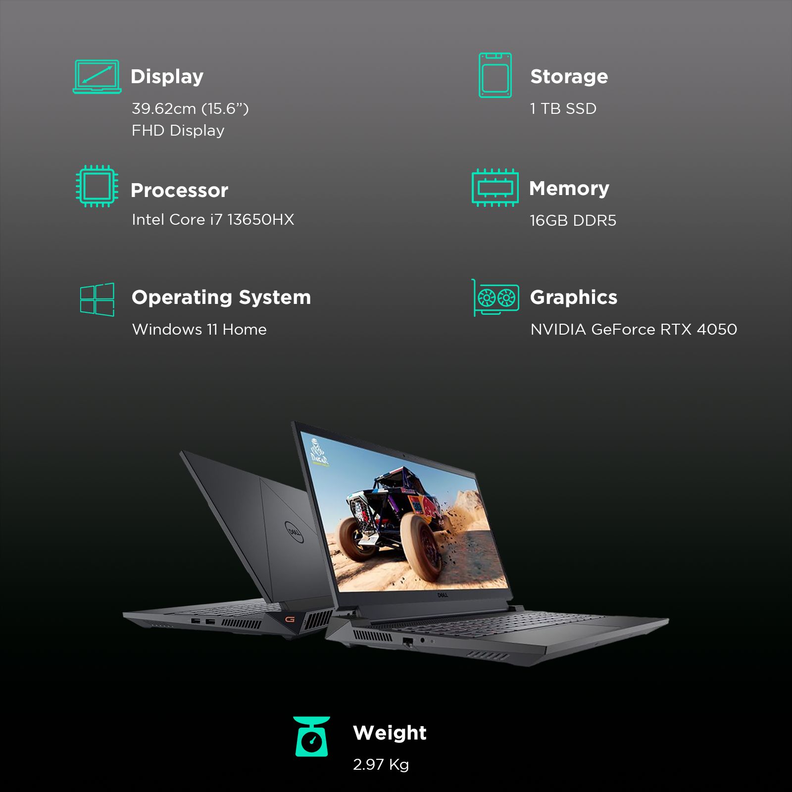 Dell G15 Intel Core i7 13th Gen Gaming Laptop (16GB, 1TB SSD, Windows 11 Home, 6GB Graphics, 15.6 inch 165 Hz Full HD Display, NVIDIA GeForce RTX 4050, MS Office Home & Student 2021, Dark Shadow Gray, 2.81 KG)_3