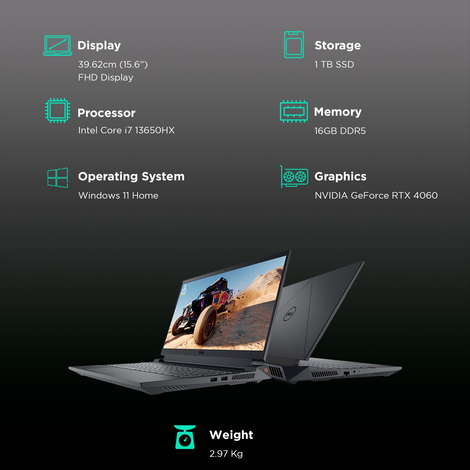 Dell G15 Intel Core i7 13th Gen Gaming Laptop (16GB, 1TB SSD, Windows 11 Home, 8GB Graphics, 15.6 inch 165 Hz Full HD Display, NVIDIA GeForce RTX 4060, MS Office Home & Student 2021, Dark Shadow Gray, 2.81 KG)_3