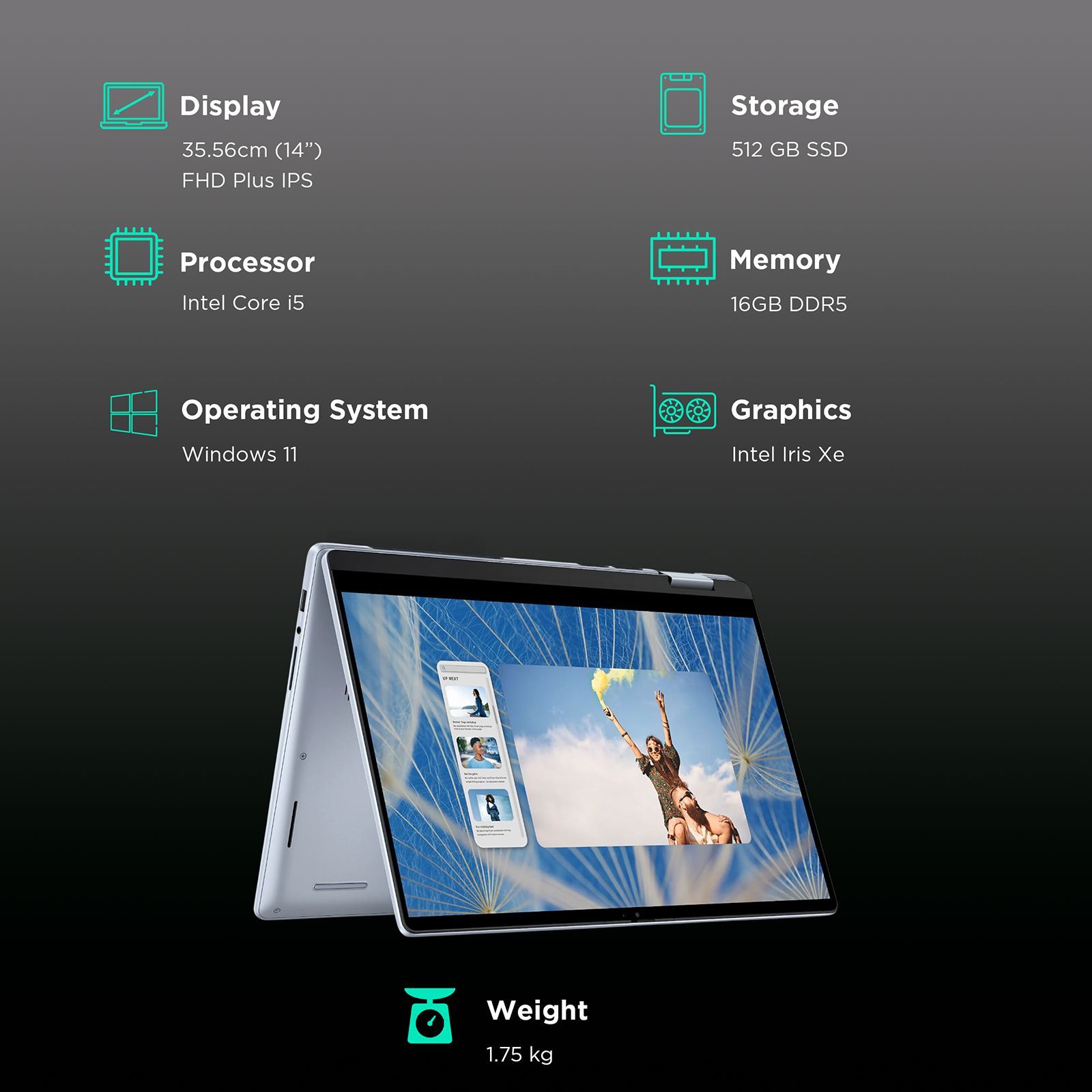 Dell Inspiron 7440 Intel Core i5 13th Gen Touchscreen 2-in-1 Laptop (16GB, 512GB SSD, Windows 11 Home, 14 inch Full HD Plus IPS Display, MS Office 2021, Ice Blue Metal, 1.75 KG)_3