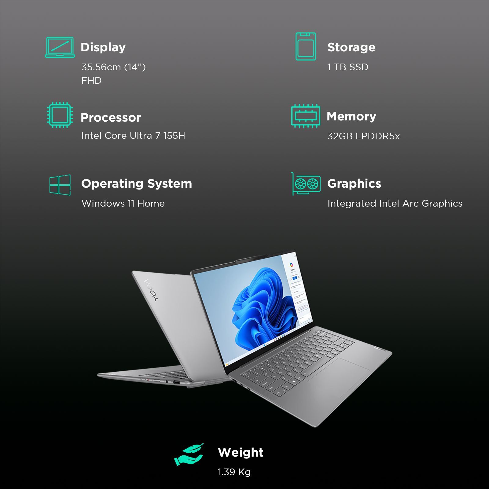 Lenovo Yoga Slim 7 14IMH9 Intel Core Ultra 7 155H Thin & Light Laptop (32GB, 1TB SSD, Windows 11 Home, 14 inch WUXGA OLED Display, MS Office 2024, Luna Grey, 1.39 KG)_3