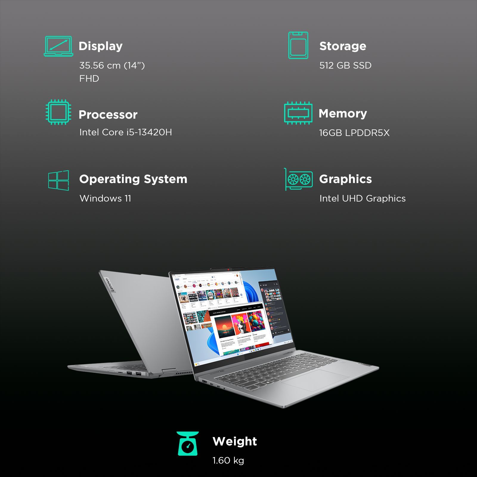 Lenovo IdeaPad 5 14IRH9 Intel Core i5 13th Gen Touchscreen 2-in-1 Laptop (16GB, 512GB SSD, Windows 11 Home, 14 inch WUXGA IPS Display, MS Office 2024, Luna Grey, 1.6 KG)_3