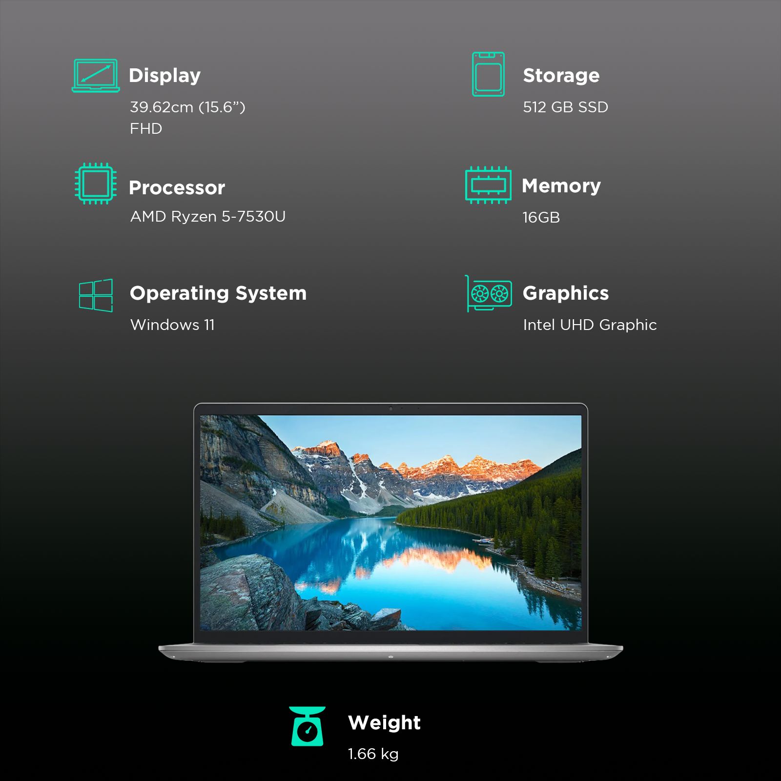 Dell Inspiron 15 3535 AMD Ryzen 5 7530U Notebook Laptop (16GB, 512GB SSD, Windows 11, 15.6 inch Full HD Display, MS Office, Platinum Silver, 1.66 KG)_3