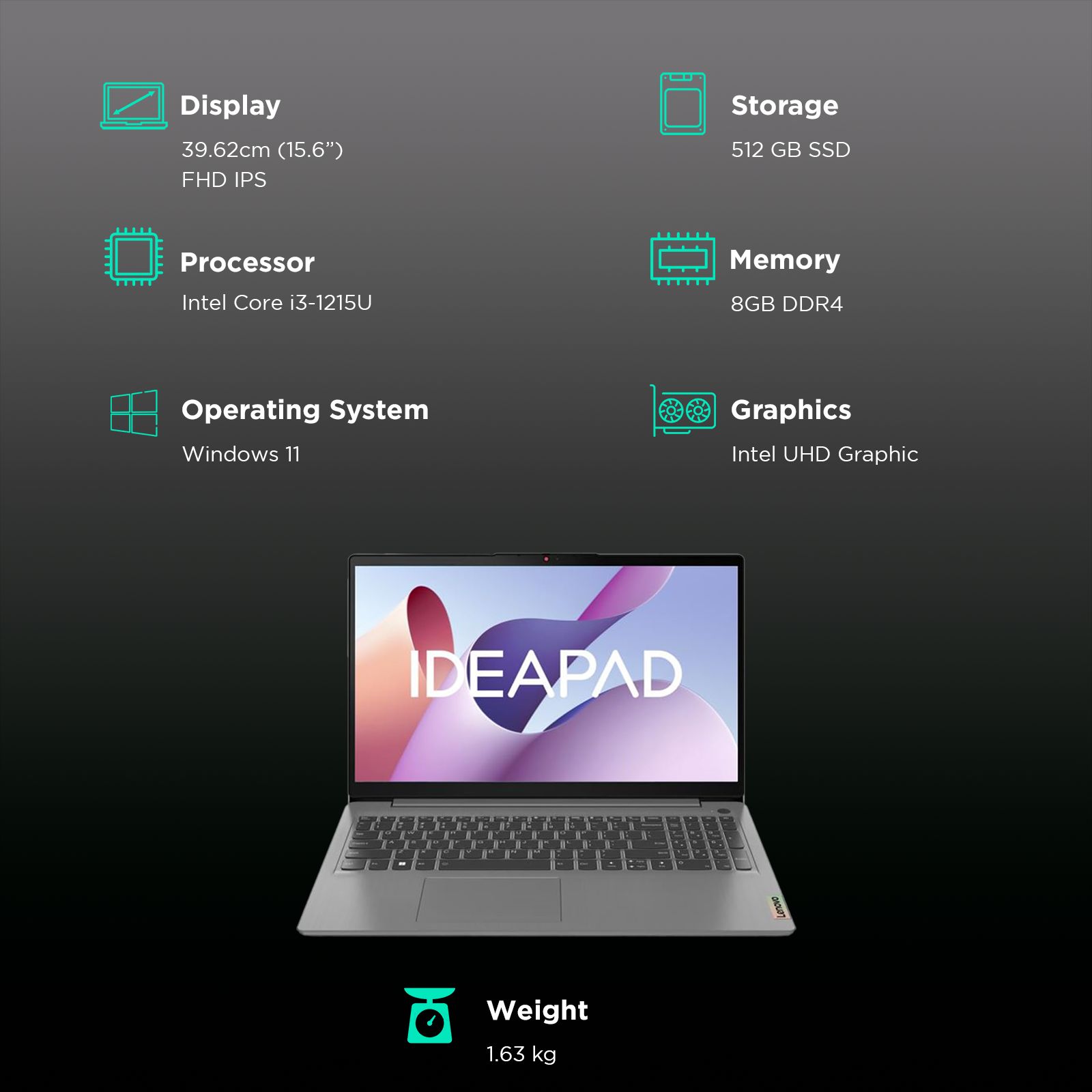 Lenovo IdeaPad 3 15IAU7 Intel Core i3 12th Gen Thin & Light Laptop (8GB, 512GB SSD, Windows 11 Home, 15.6 inch Full HD IPS Display, MS Office 2021, Arctic Grey, 1.63 KG)_3