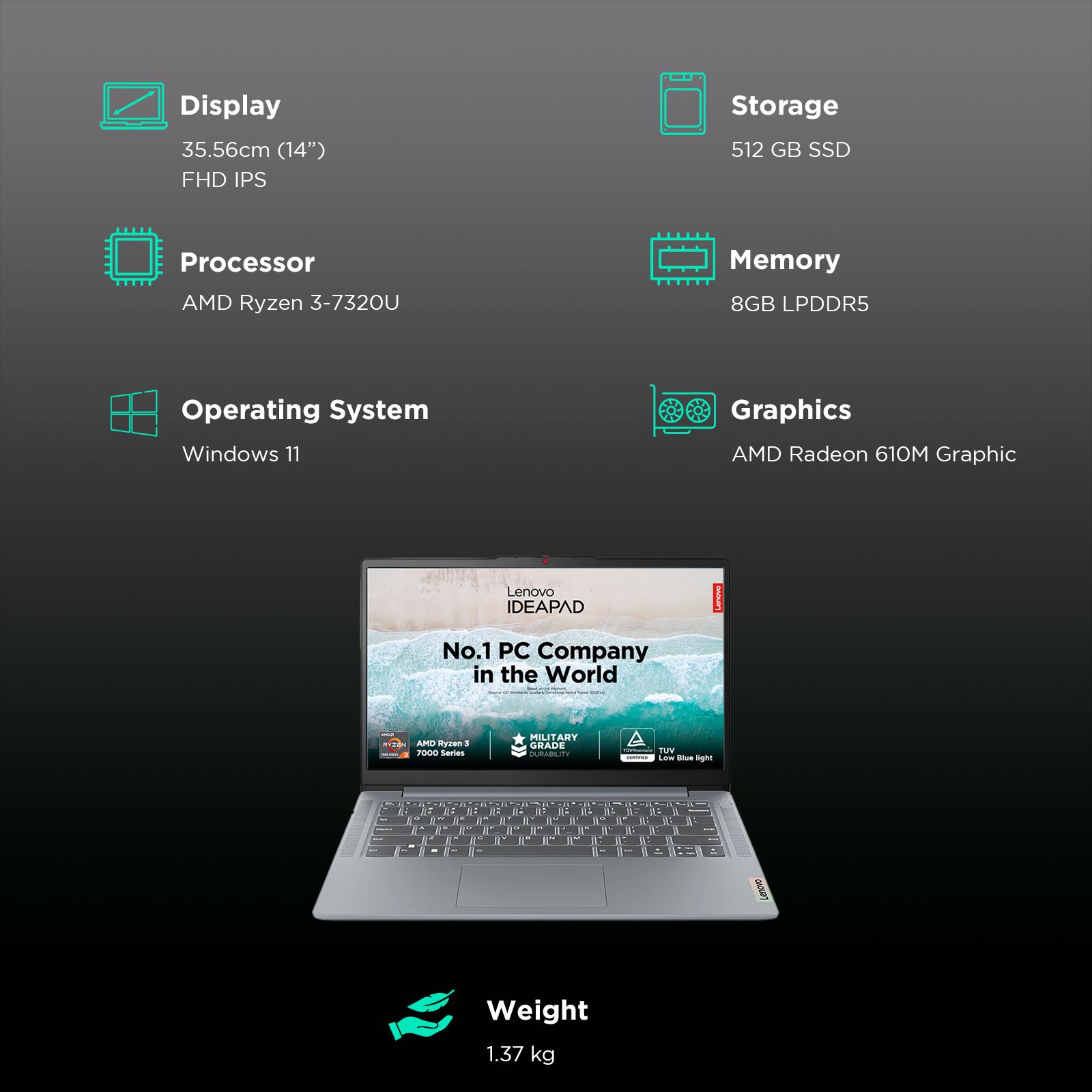 Lenovo IdeaPad Slim 3 14AMN8 AMD Ryzen 3 7320U Thin & Light Laptop (8GB, 512GB SSD, Windows 11 Home, 14 inch Full HD IPS Display, MS Office 2021, Arctic Grey, 1.37 KG)_3