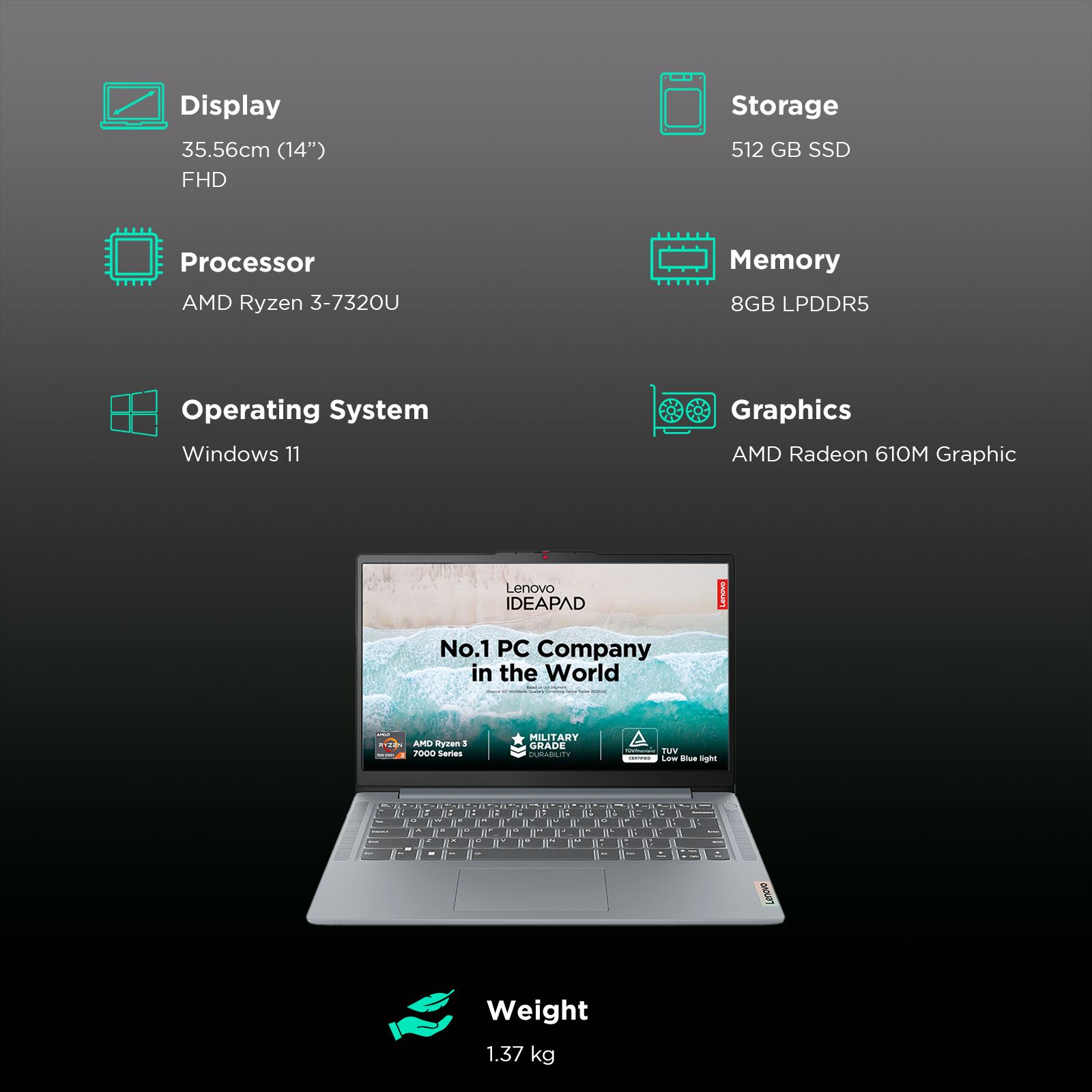 Lenovo IdeaPad Slim 3 14AMN8 AMD Ryzen 3 7320U Thin & Light Laptop (8GB, 512GB SSD, Windows 11 Home, 14 inch Full HD Display, MS Office 2021, Arctic Grey, 1.37 KG)_3